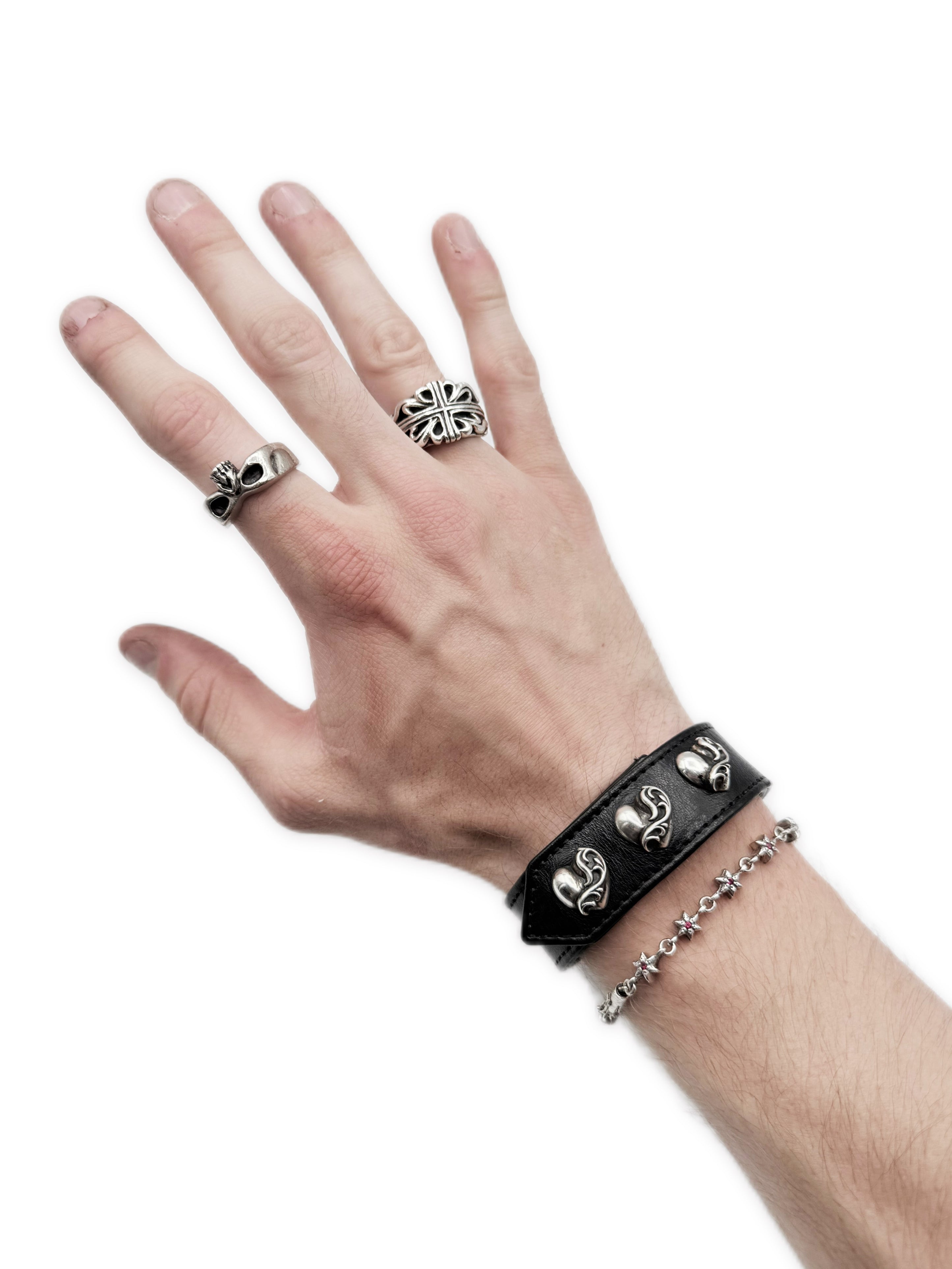 Chrome Hearts ‘Heart’ Motif Black Leather Snap Bracelet