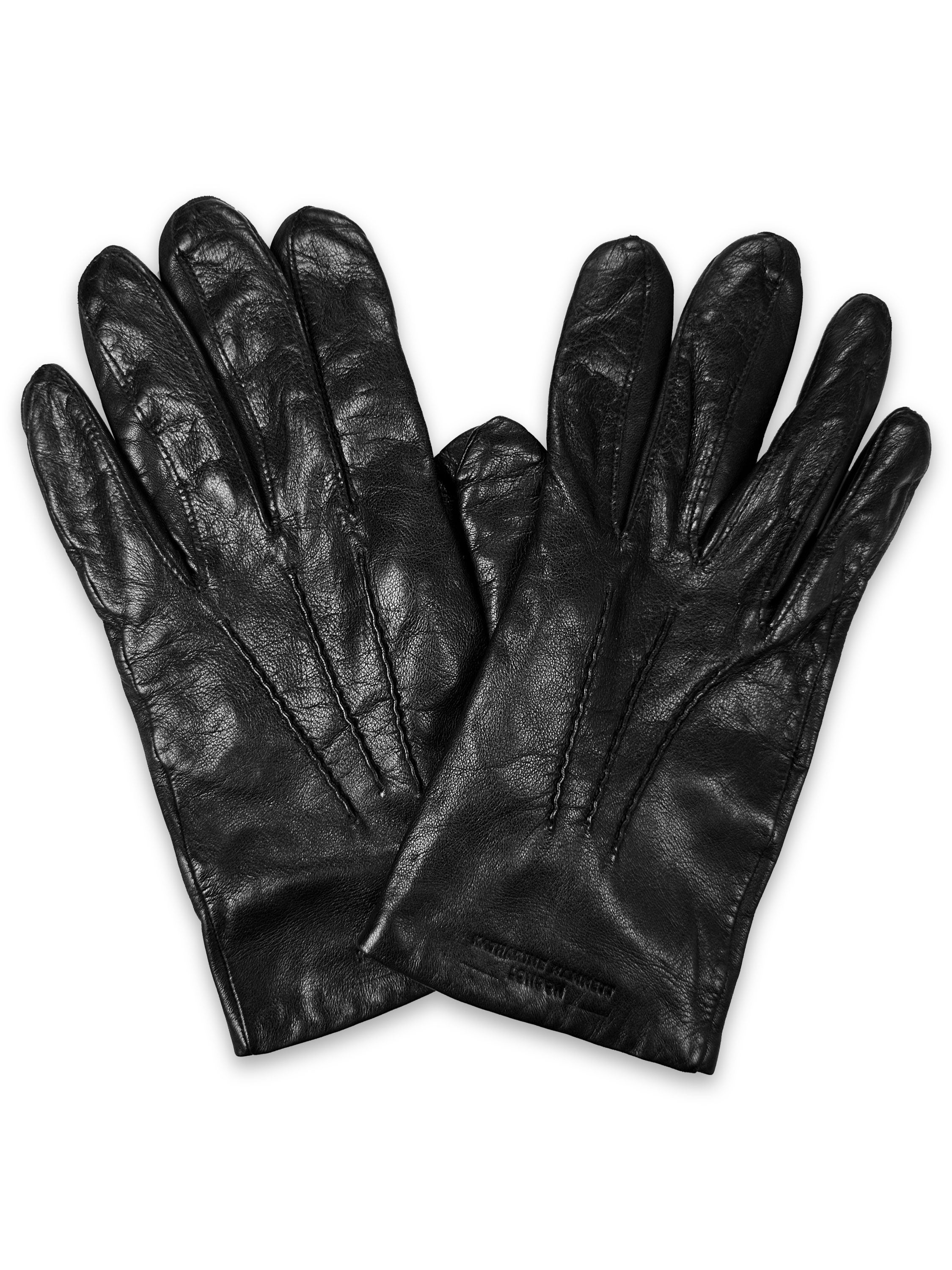 Katharine Hamnett Black Leather Embroidered Gloves