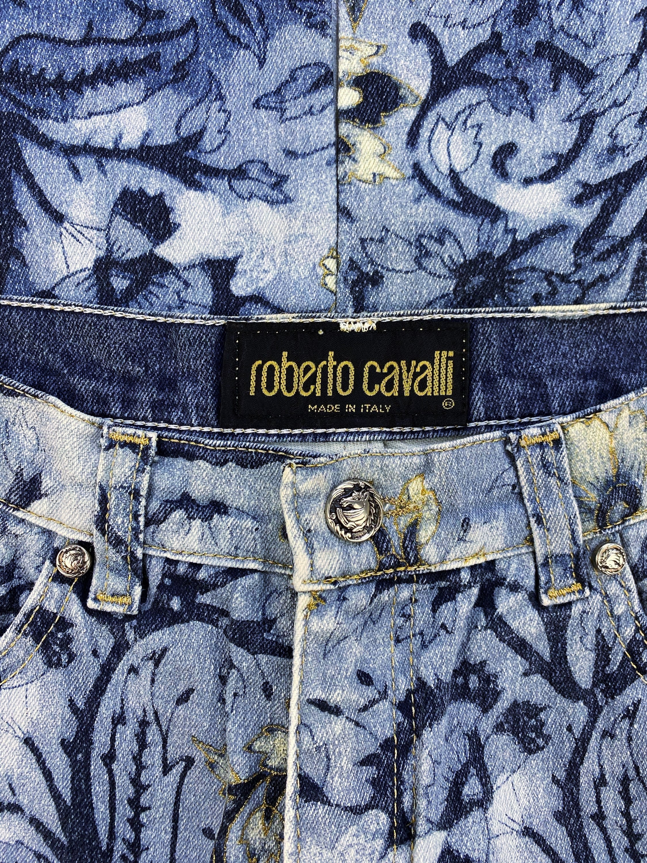 90’s Roberto Cavalli Blue Floral Full Print Denim Jeans