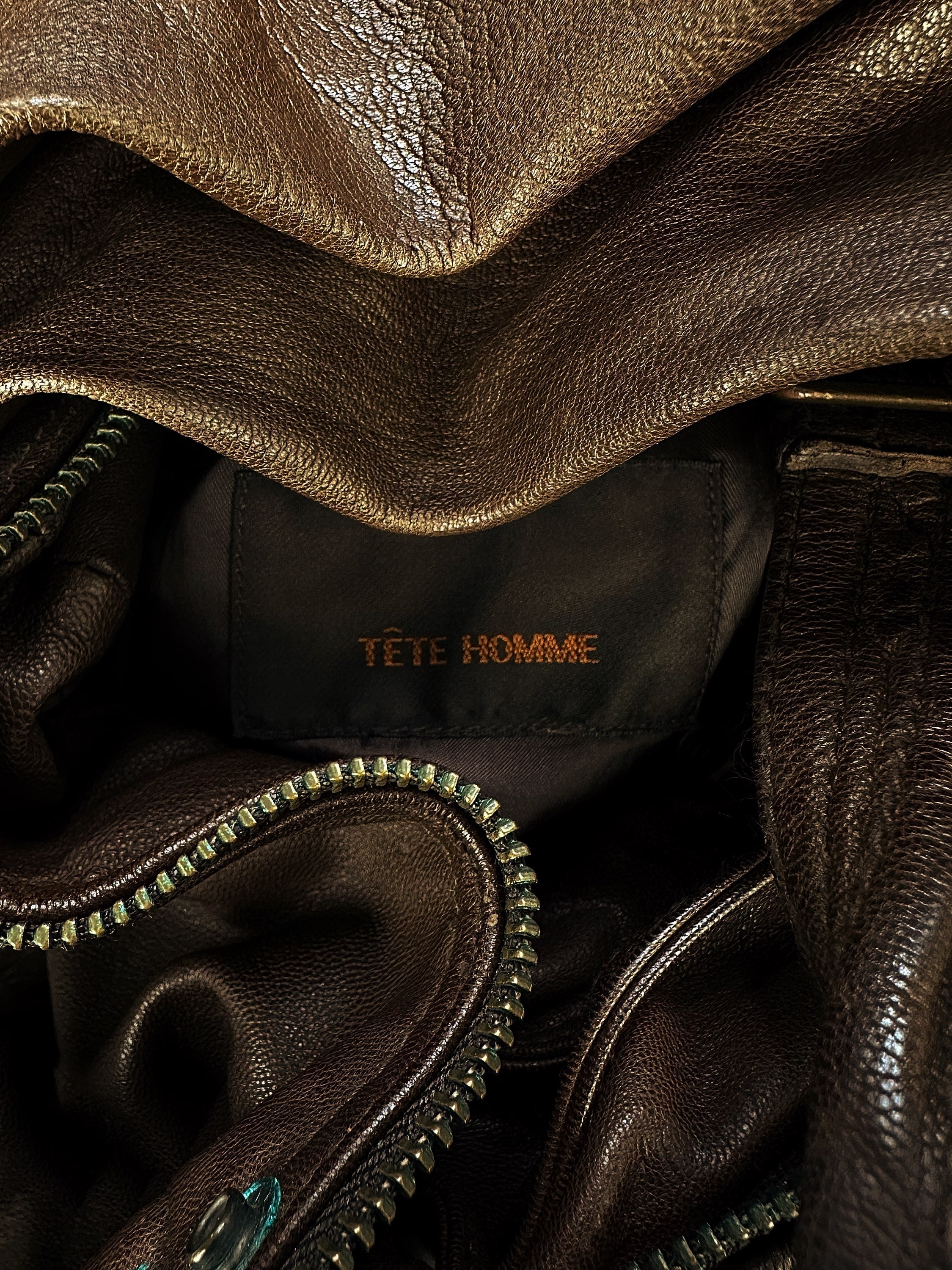 00s Tete Homme Brown Leather Belted Biker Jacket