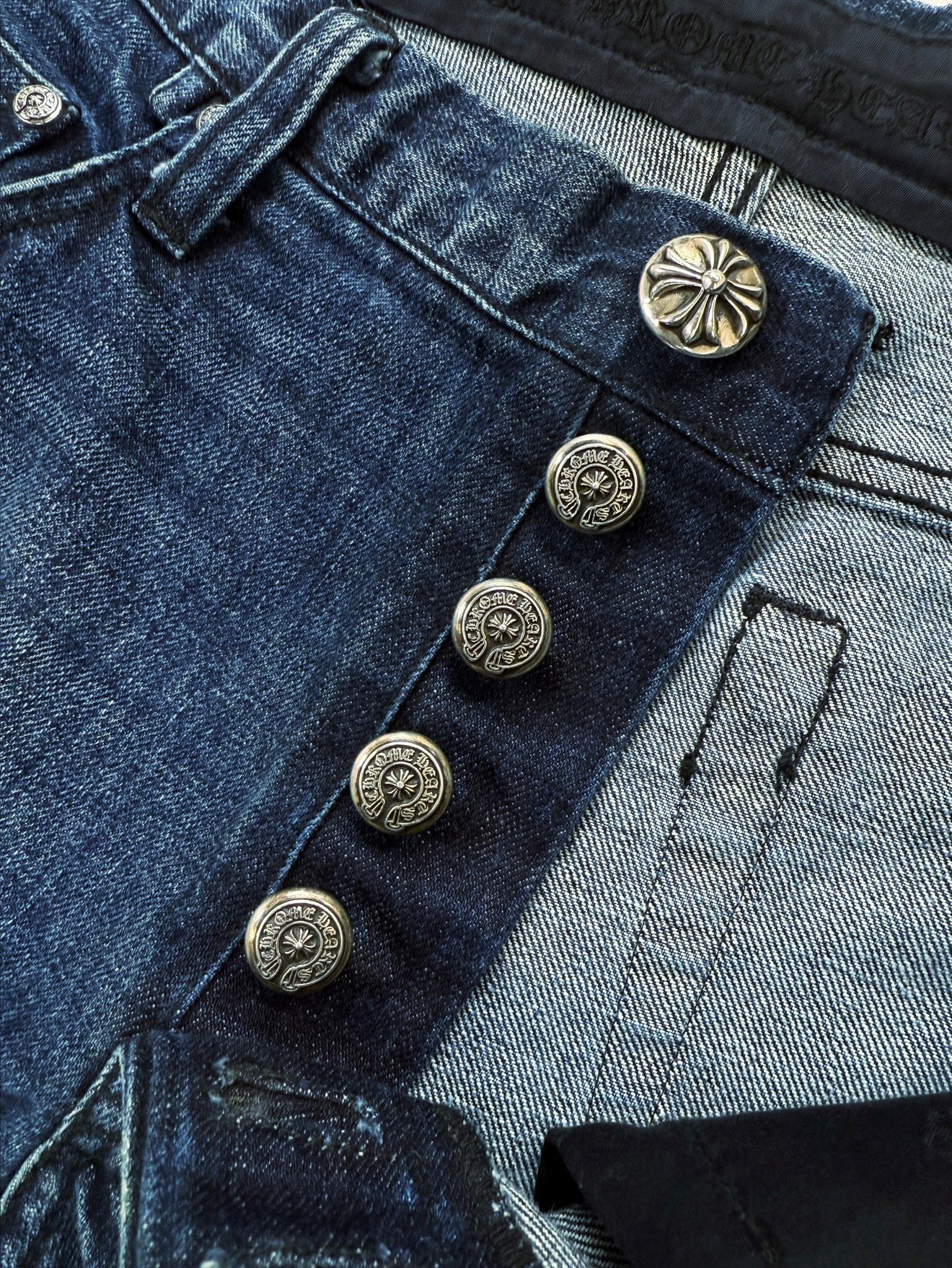 Chrome Hearts Dual Leather Cross Patch Flared Blue Wash Denim Jeans