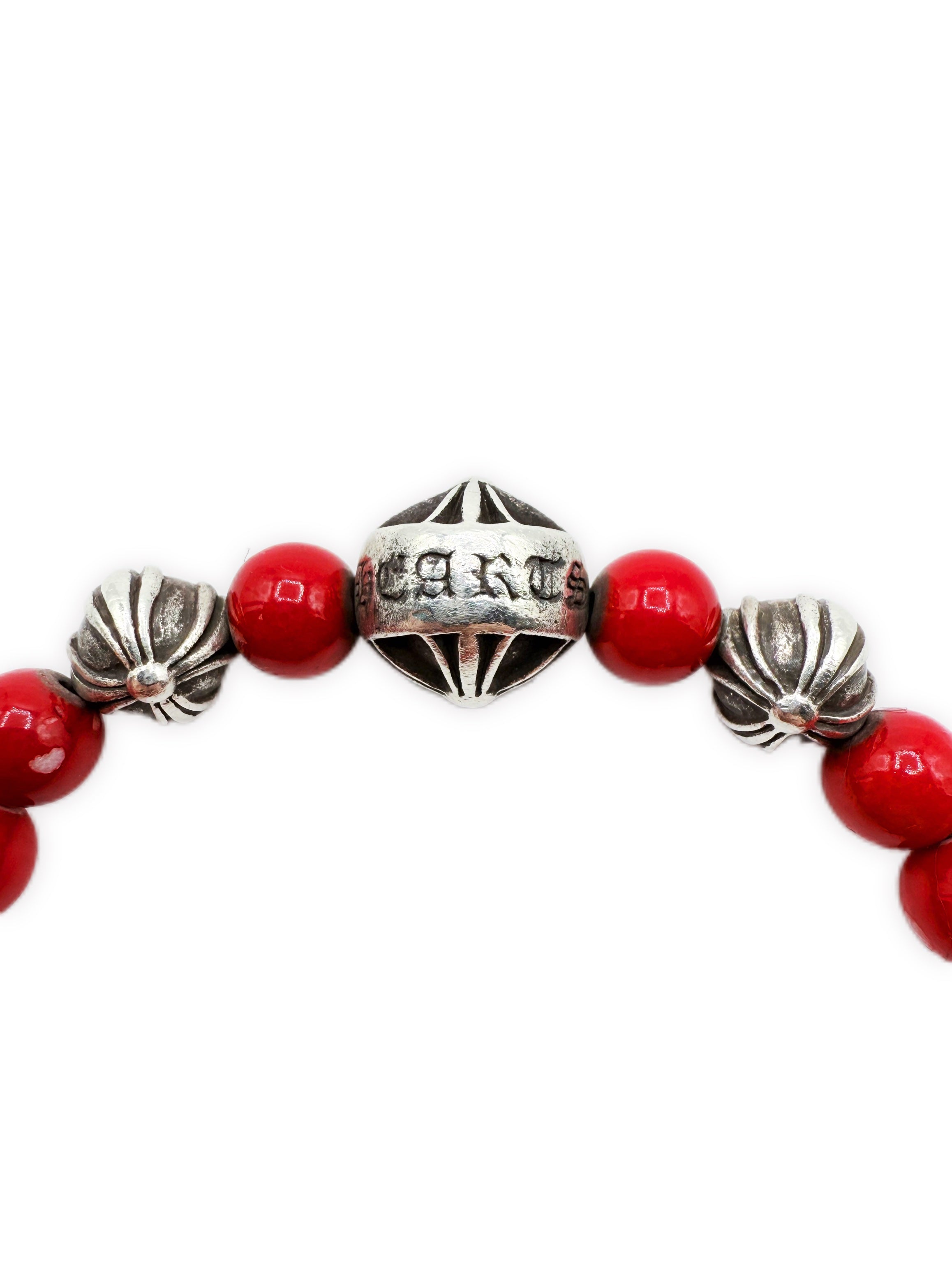Chrome Hearts Red Beaded Plus .925 Silver Elasticated Bracelet