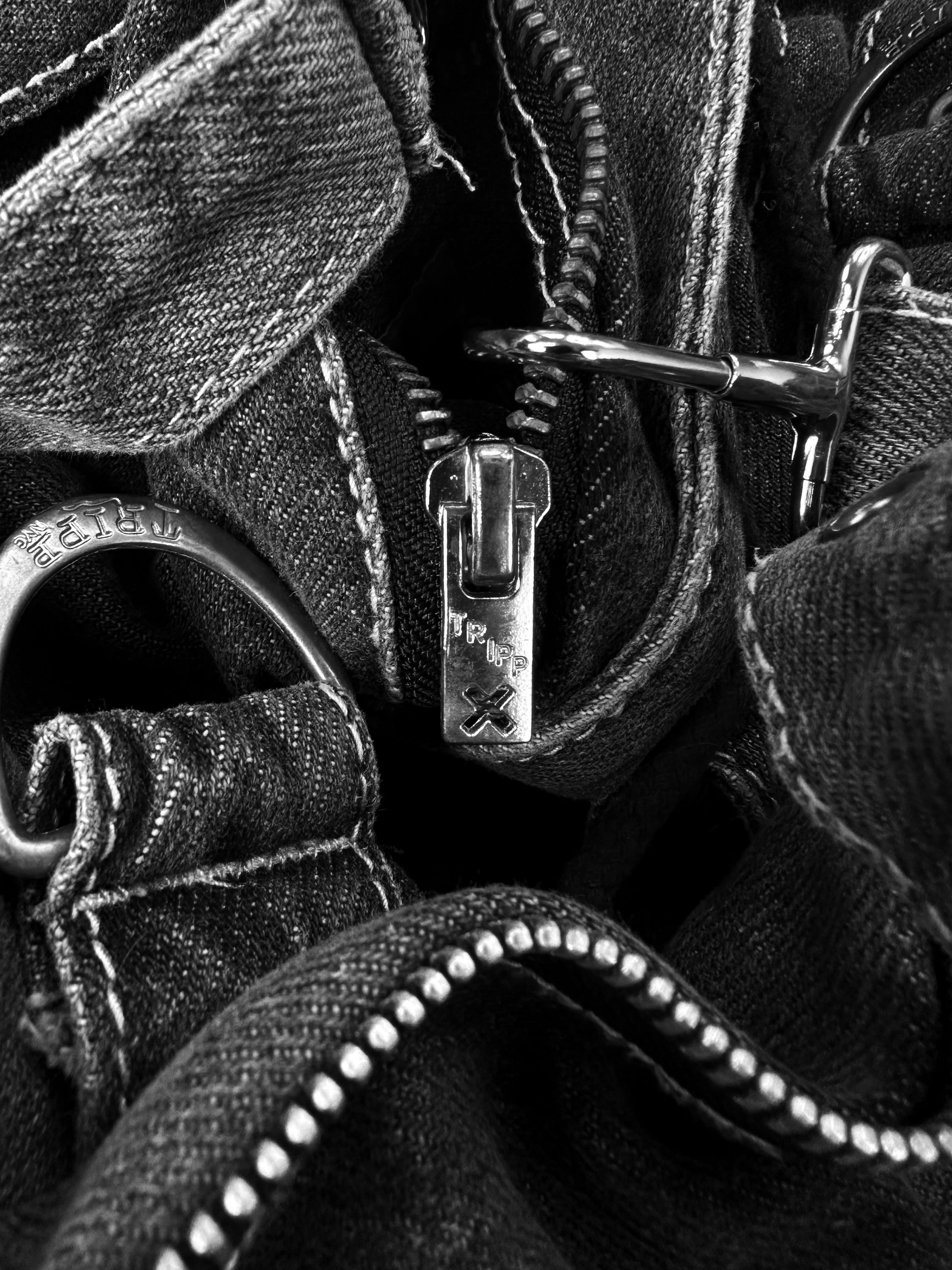 00s Tripp NYC ‘Raver’ Bondage Strap Flared Cut Grey Denim