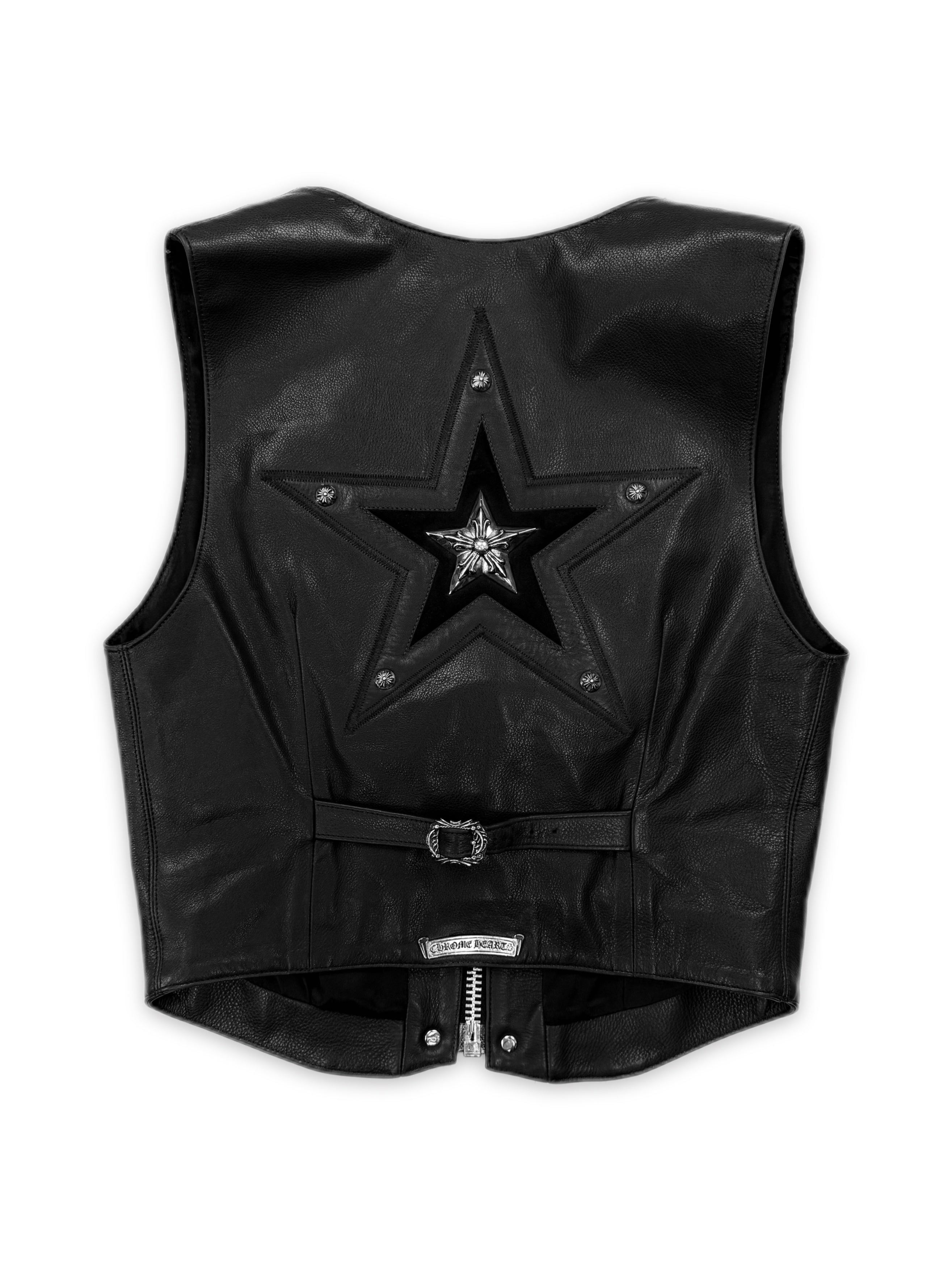 CHROME HEARTS 'STAR' BACK BUCKLE DAGGER ZIP LEATHER PATCH VEST