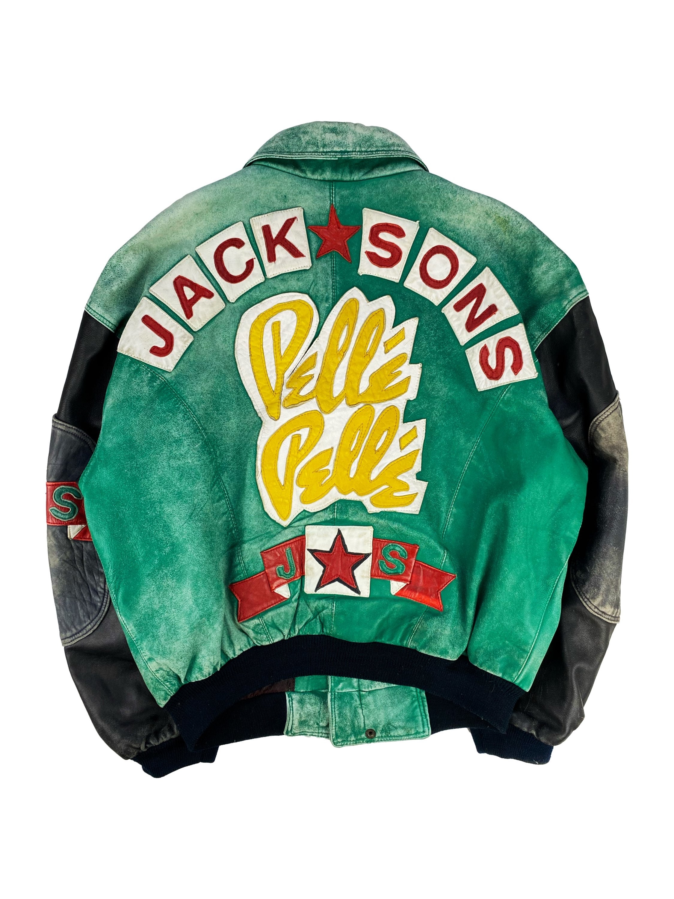 90S PELLE PELLE 'JACKSONS' WASHED TEAL PATCHED LEATHER JACKET