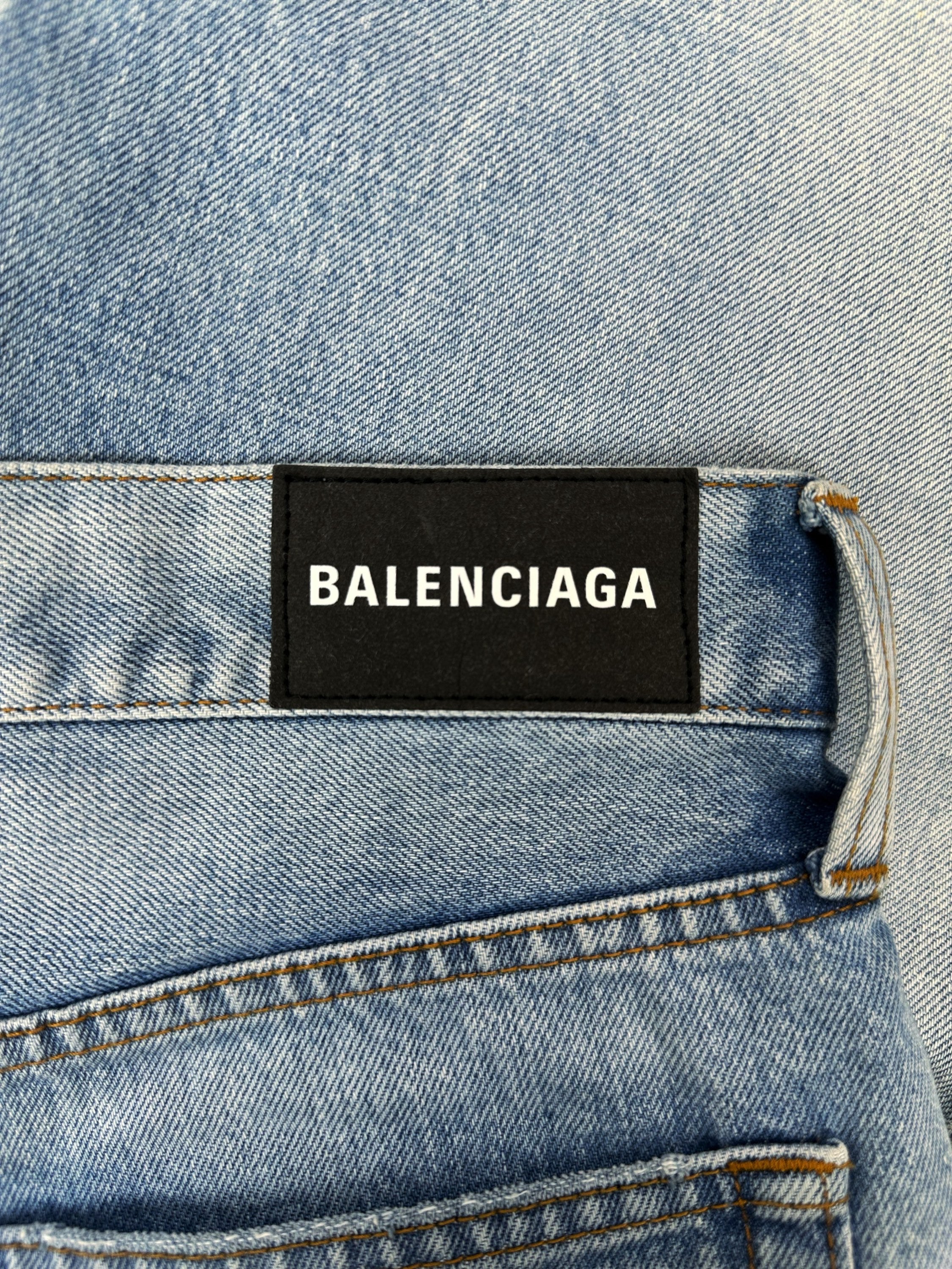 Balenciaga Light Wash Distressed Denim Shorts