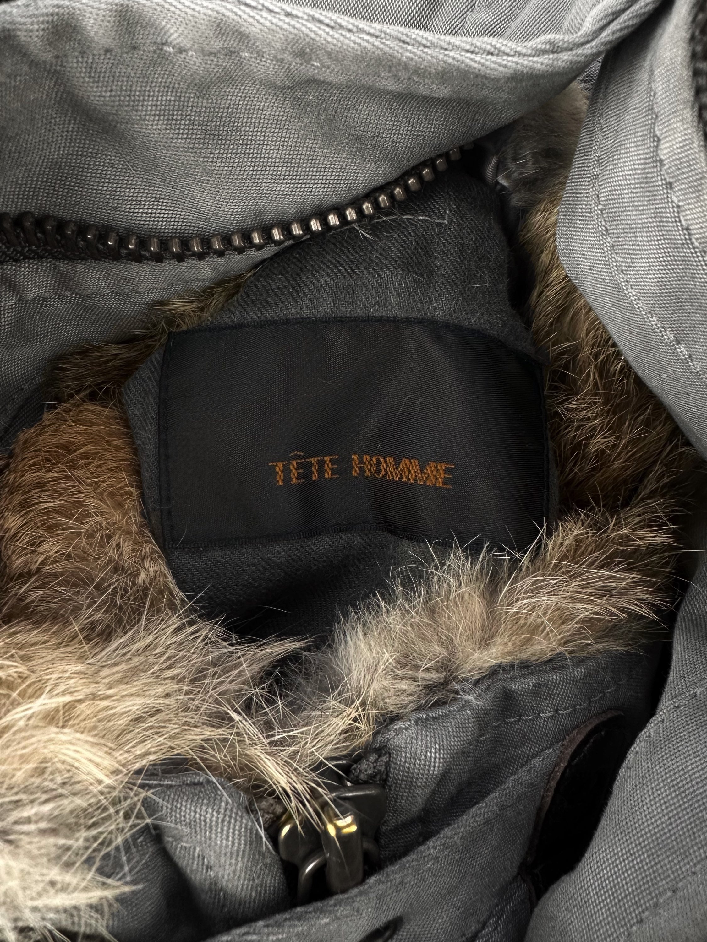 Tete Homme Ash Grey High Collar Fur Denim Cargo Jacket