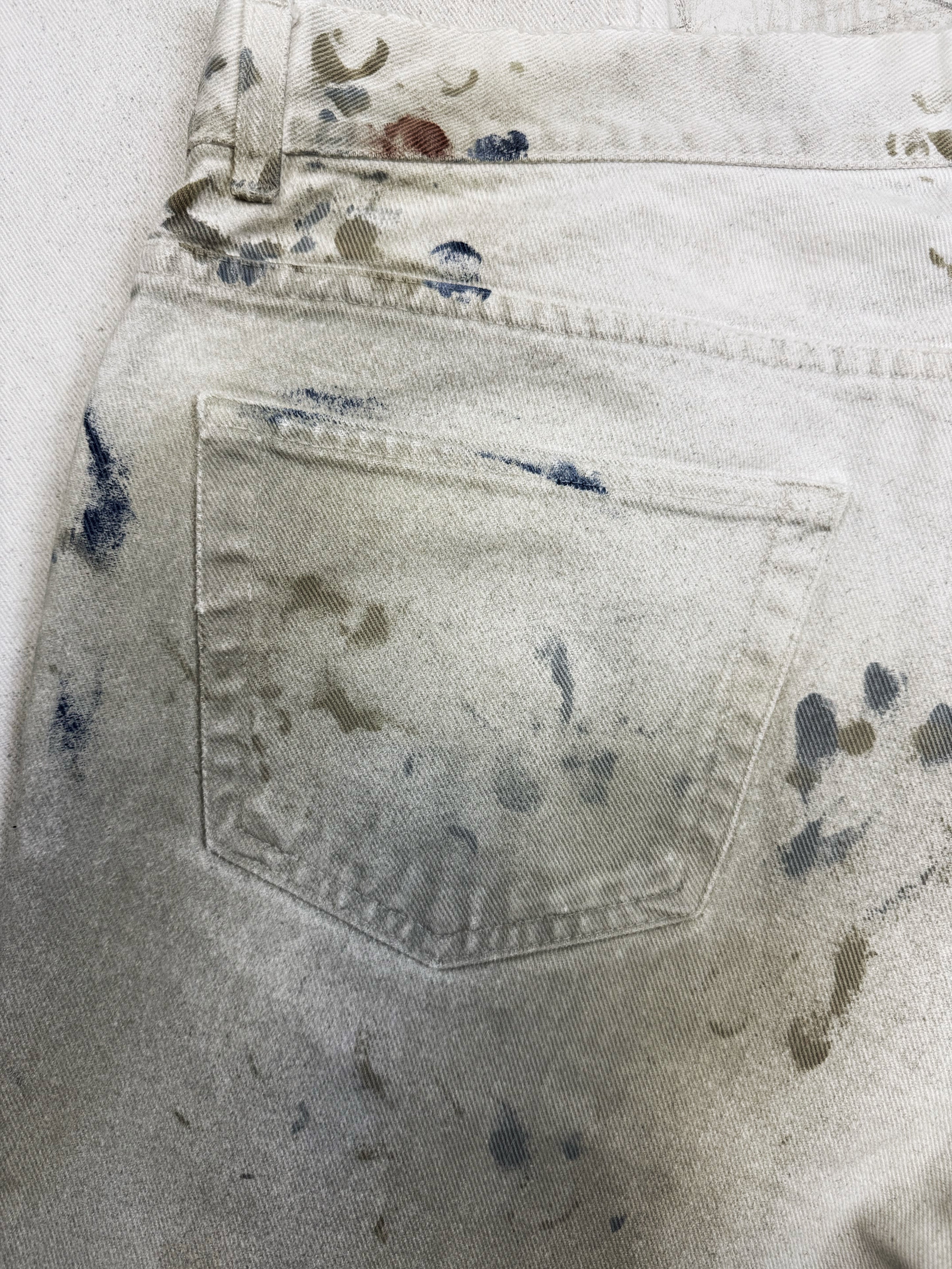 90s Helmut Lang Paint Splatter White Dirt Wash Boot Cut Denim