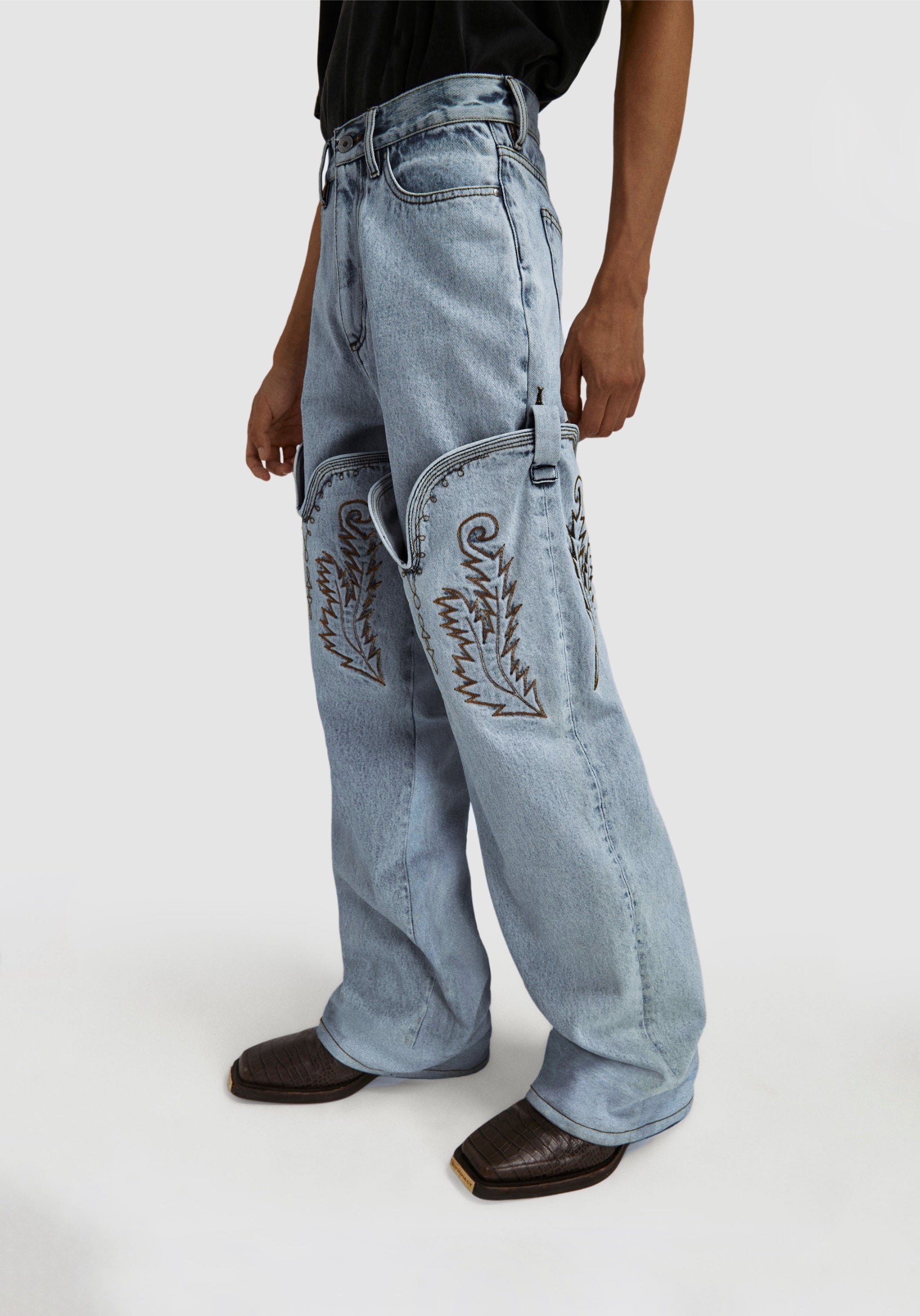 AW21 Y/Project Cowboy Cuff Acid Wash Bootcut Denim Jeans