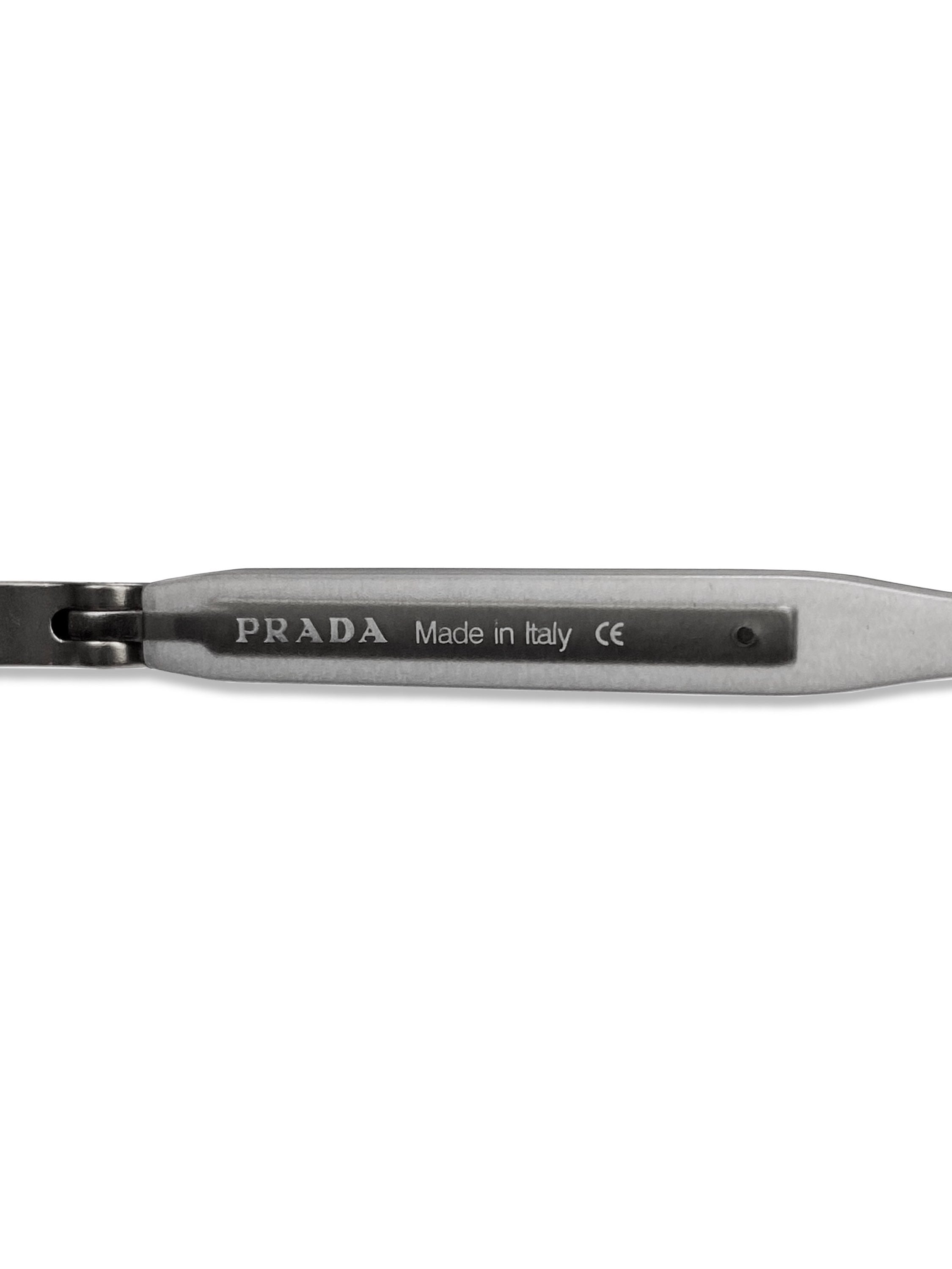 Prada Blue Tint Rounded Metallic Logo Etched Sunglasses