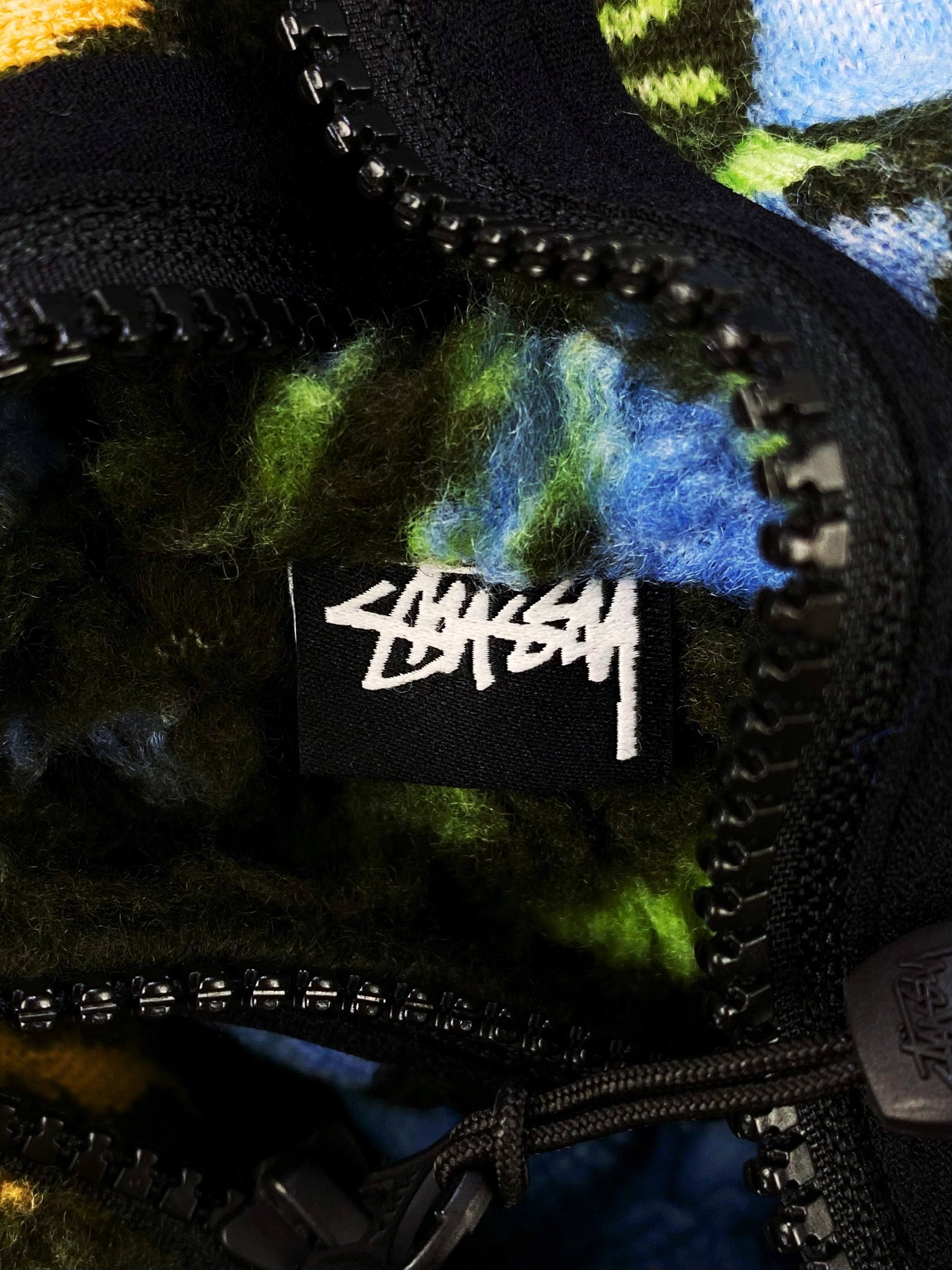 AW19 Stüssy ‘Tropical’ Blue Jacquard Print Sherpa Fleece Jacket
