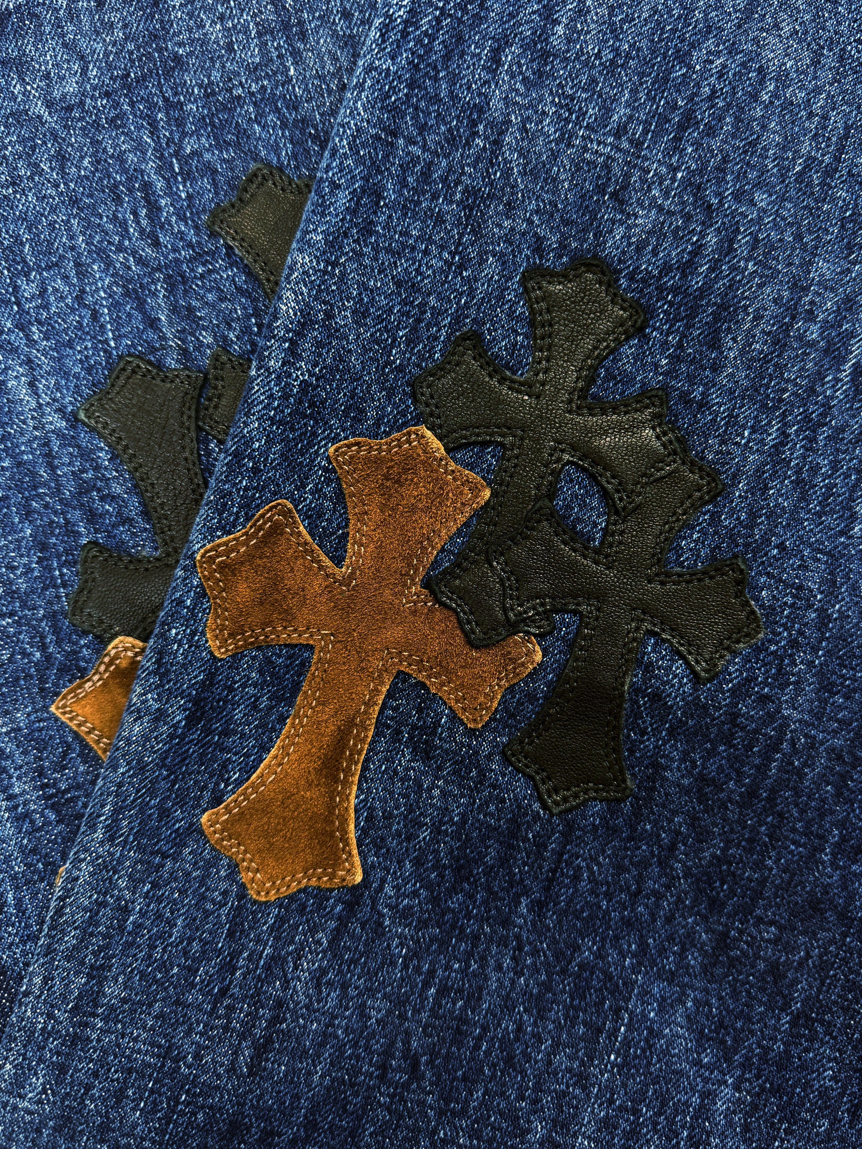 Chrome Hearts 35 Cross Patch Blue Fleur Knee .925 Silver Jeans