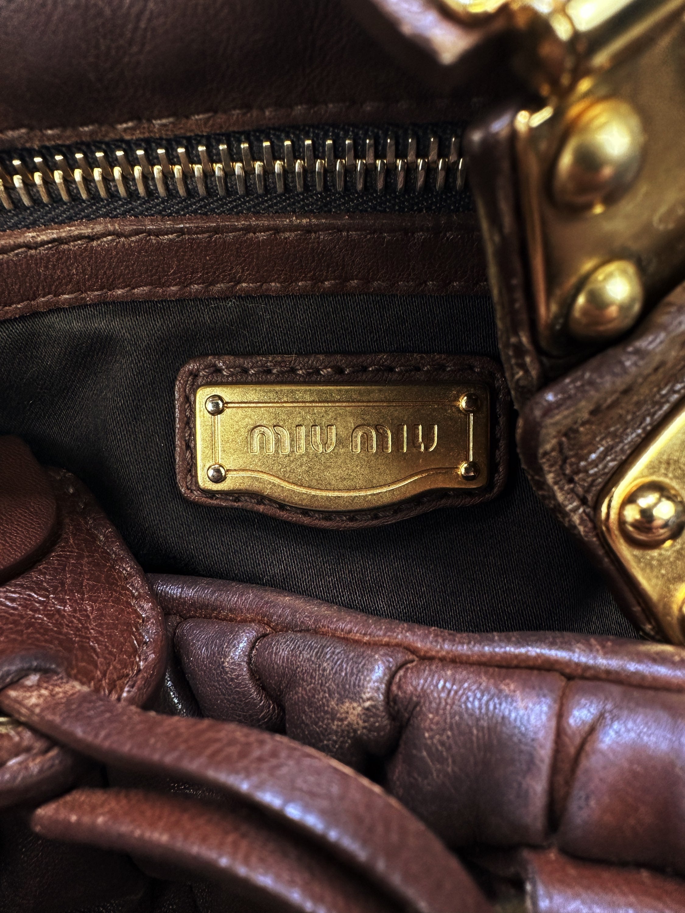 00s Miu Miu ‘Mattelasse’ Brown Leather Gold Handbag