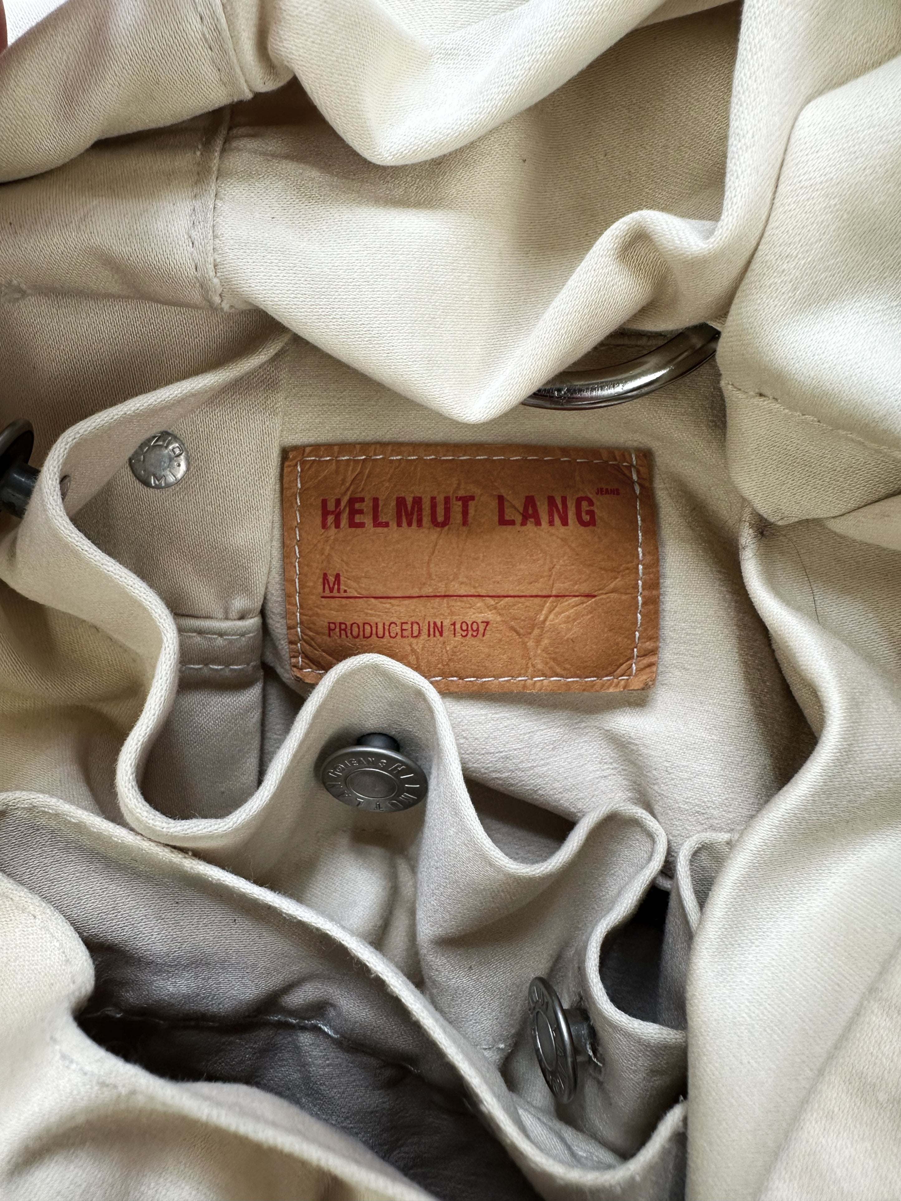 SS97 Helmut Lang ‘Cock Ring’ Cream Patched Denim Trucker Jacket