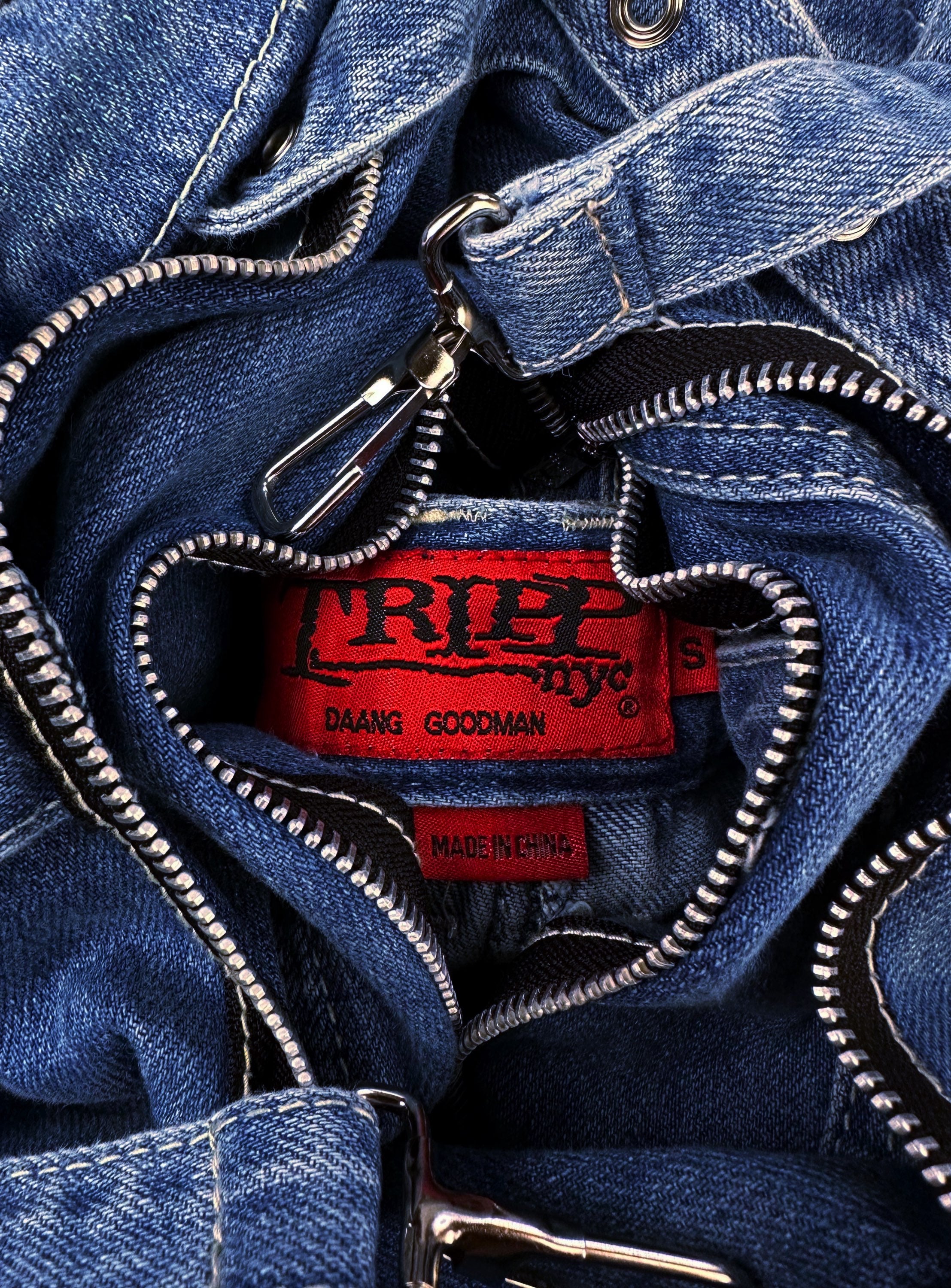 00s Tripp NYC ‘Raver’ Bondage Strap Flared Cut Indigo Denim
