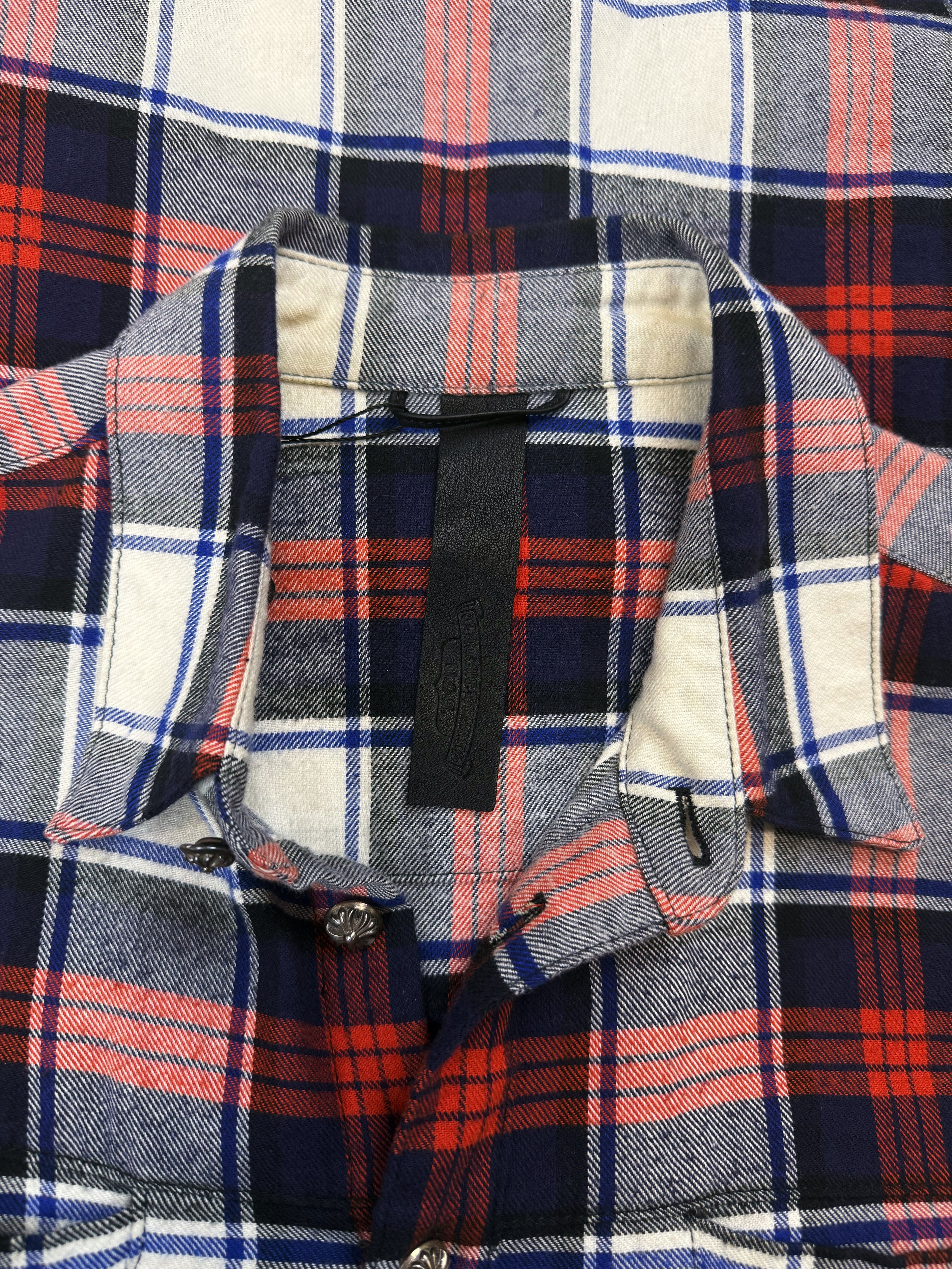 Chrome Hearts Dual Leather Cross Patch Red Checkered Flannel Shirt