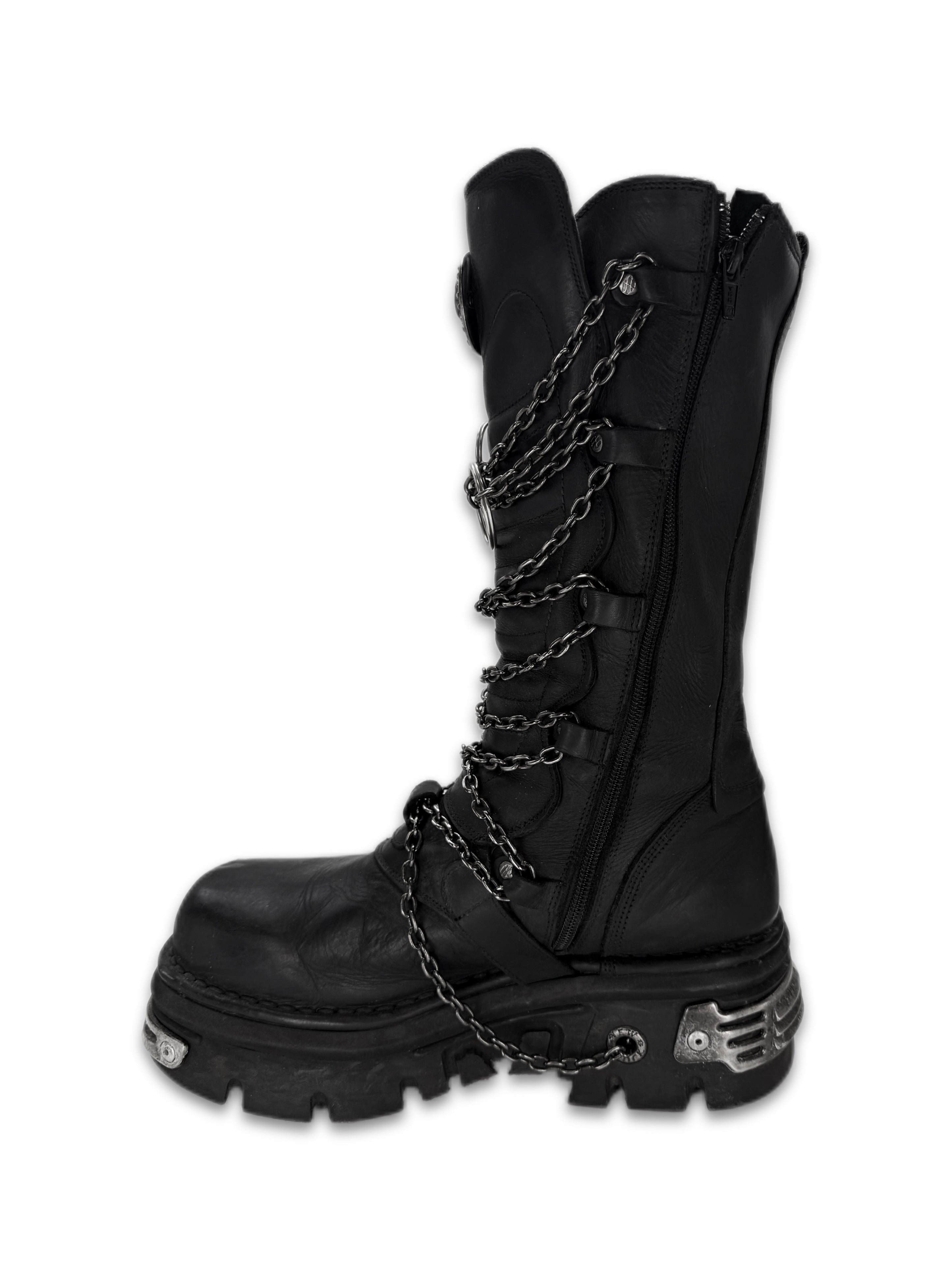 New Rock ‘M-1013-C10’ Chained Black Leather Platform Combat Boots