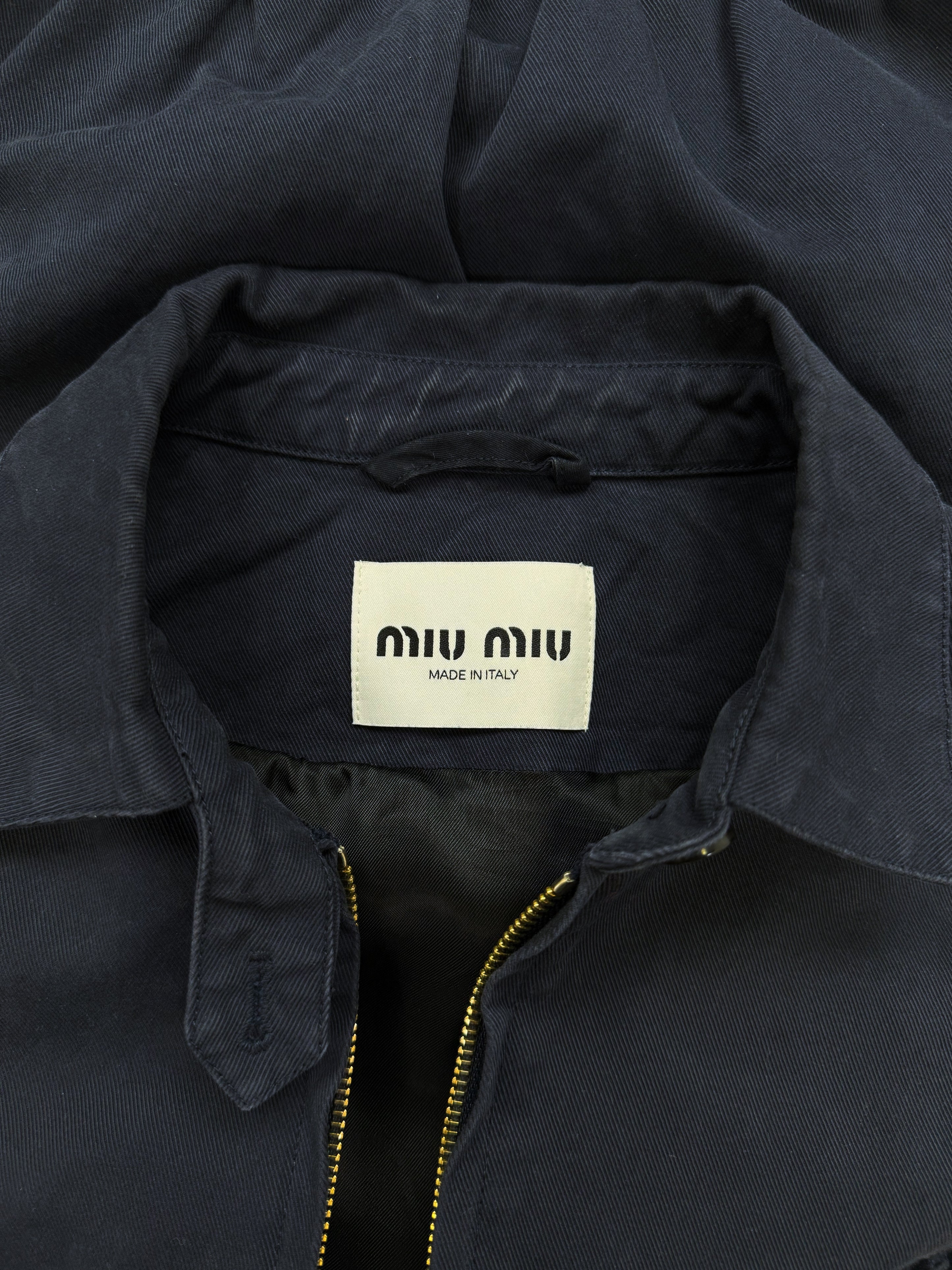 SS24 Miu Miu Embroidered Logo Dark Blue Bomber Jacket