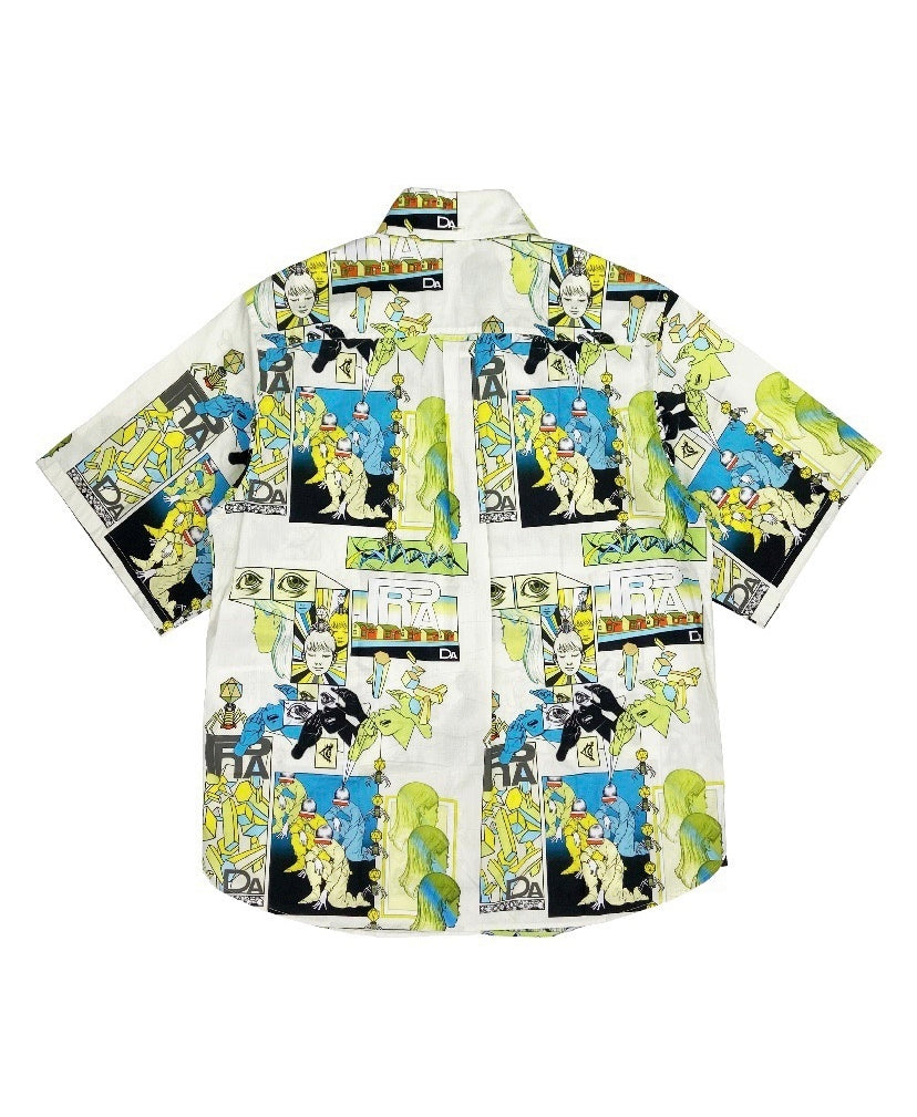 SS18 Prada Camp Collar Button Up Full Print Comic Shirt
