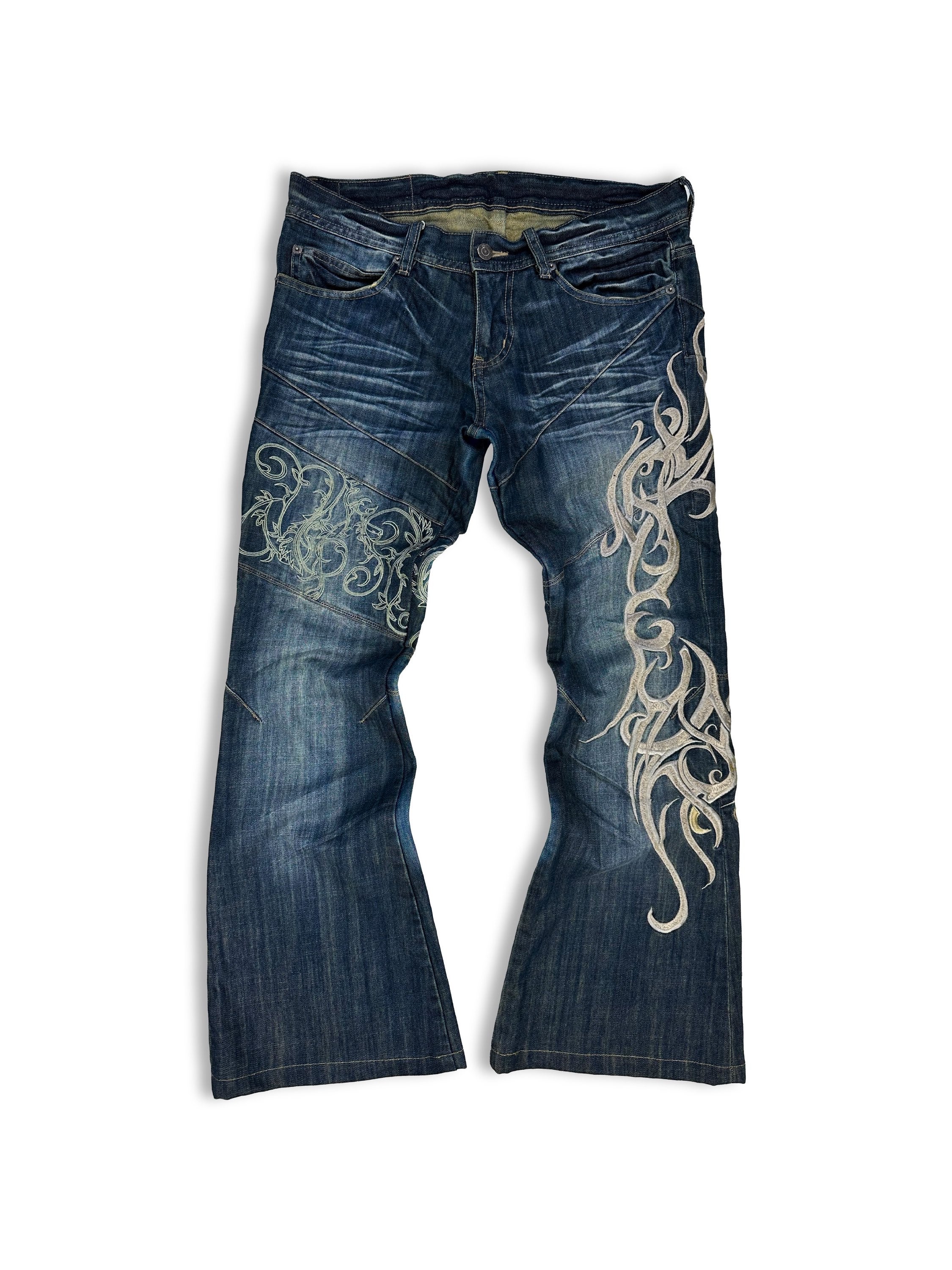 00s Tornado Mart Denim flare coated デニム 00S TORNADO MART 'SCYTHE' EMBROIDERED FLARE CUT WHISKERED DENIM