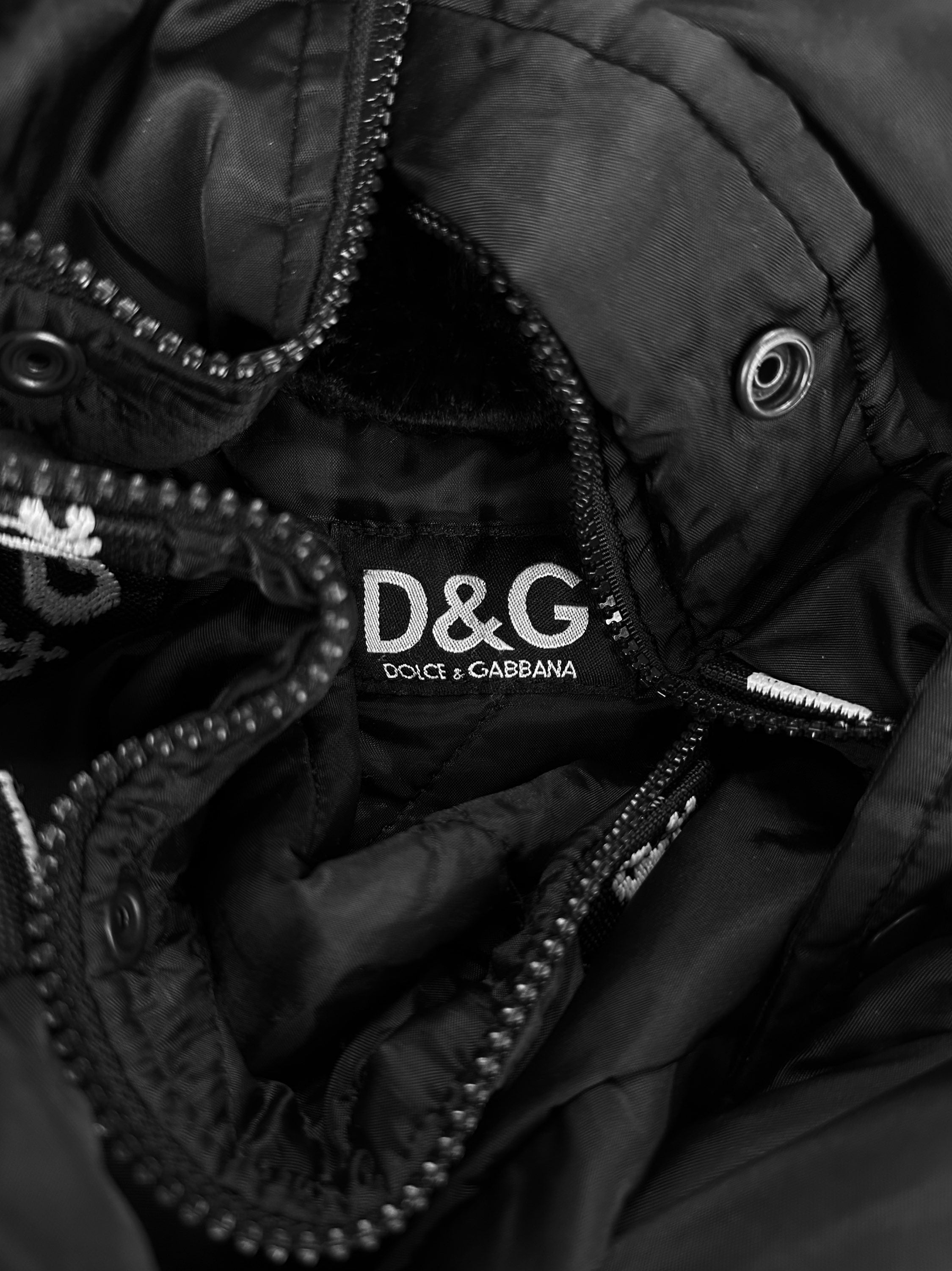 00s Dolce & Gabbana Fur Black Monogram Puffer Jacket