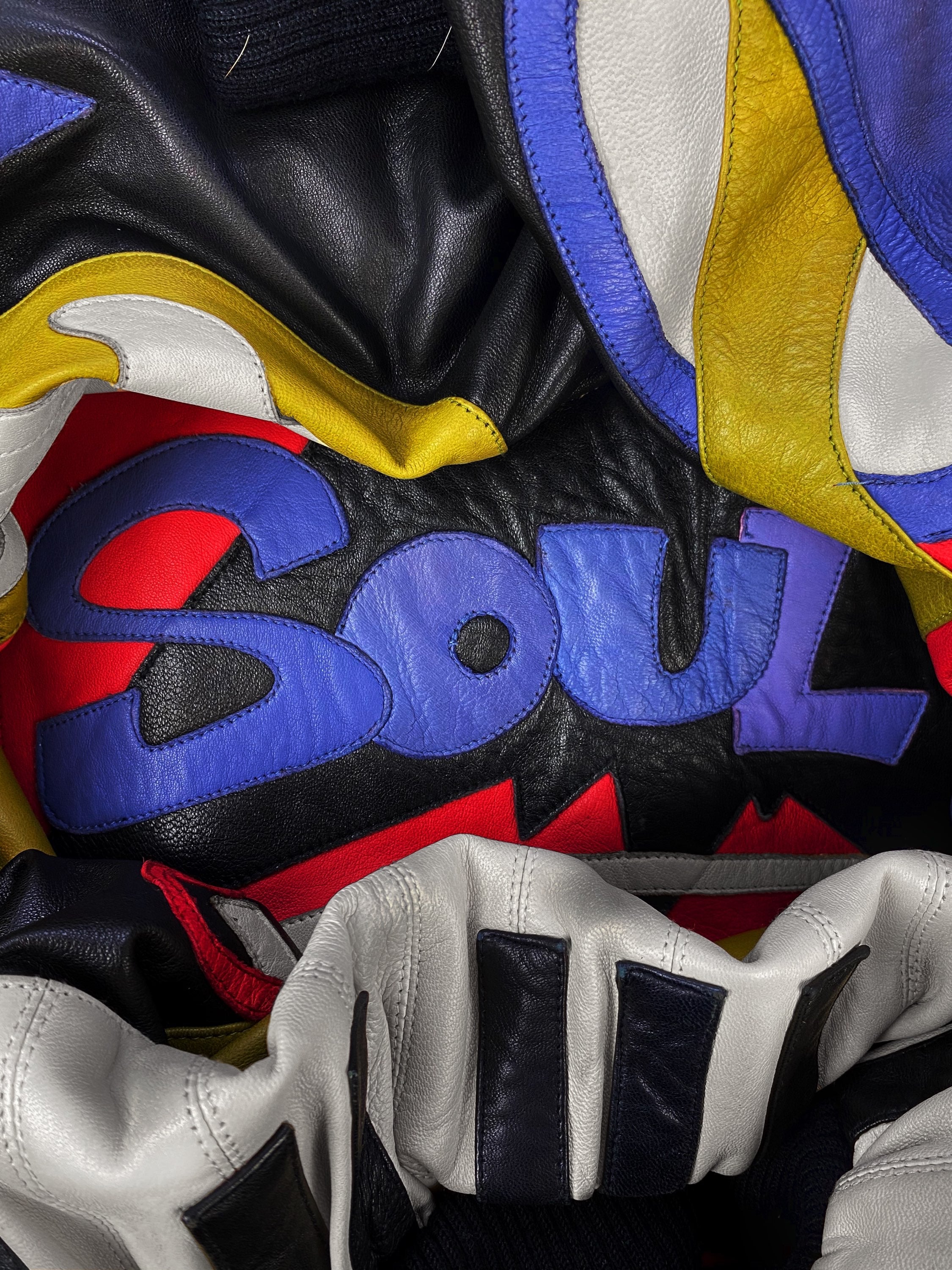 80s Pelle Pelle ‘Soul Music’ Leather Patchwork Collared Bomber Jacket