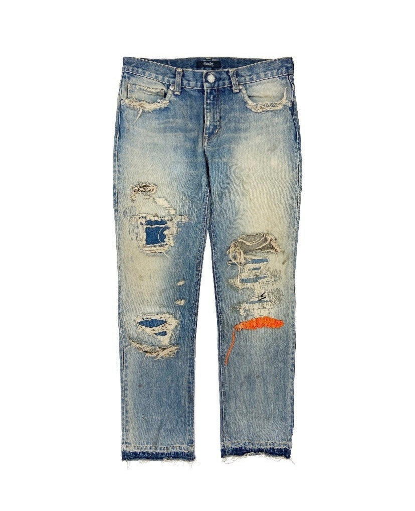 SS10 UNDERCOVER 68 ORANGE YARN SASHIKO STITCH THRASHED DENIM