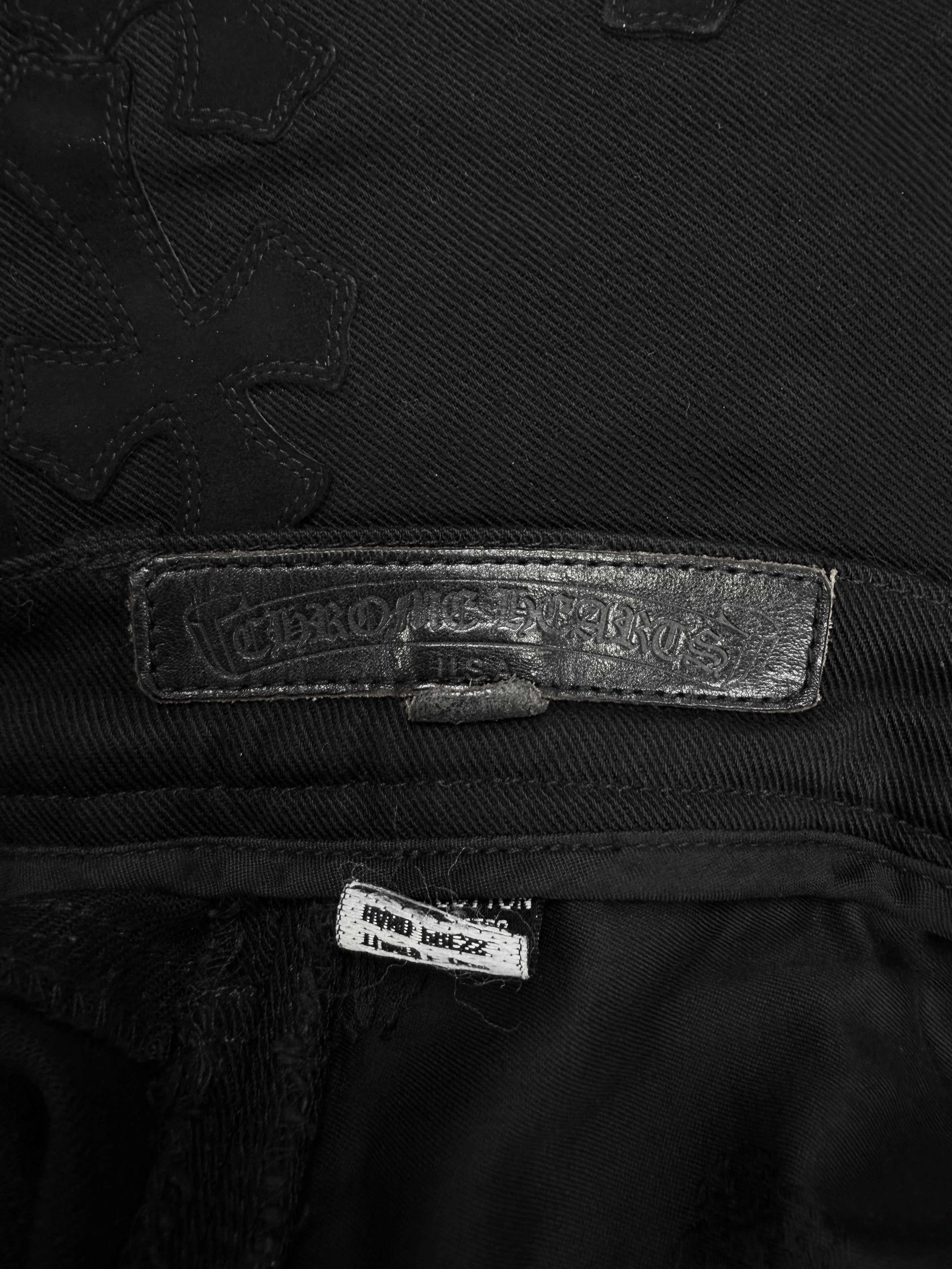 Chrome Hearts XL 46 Silver Cross Patch Fleur Knee Suede Black Denim