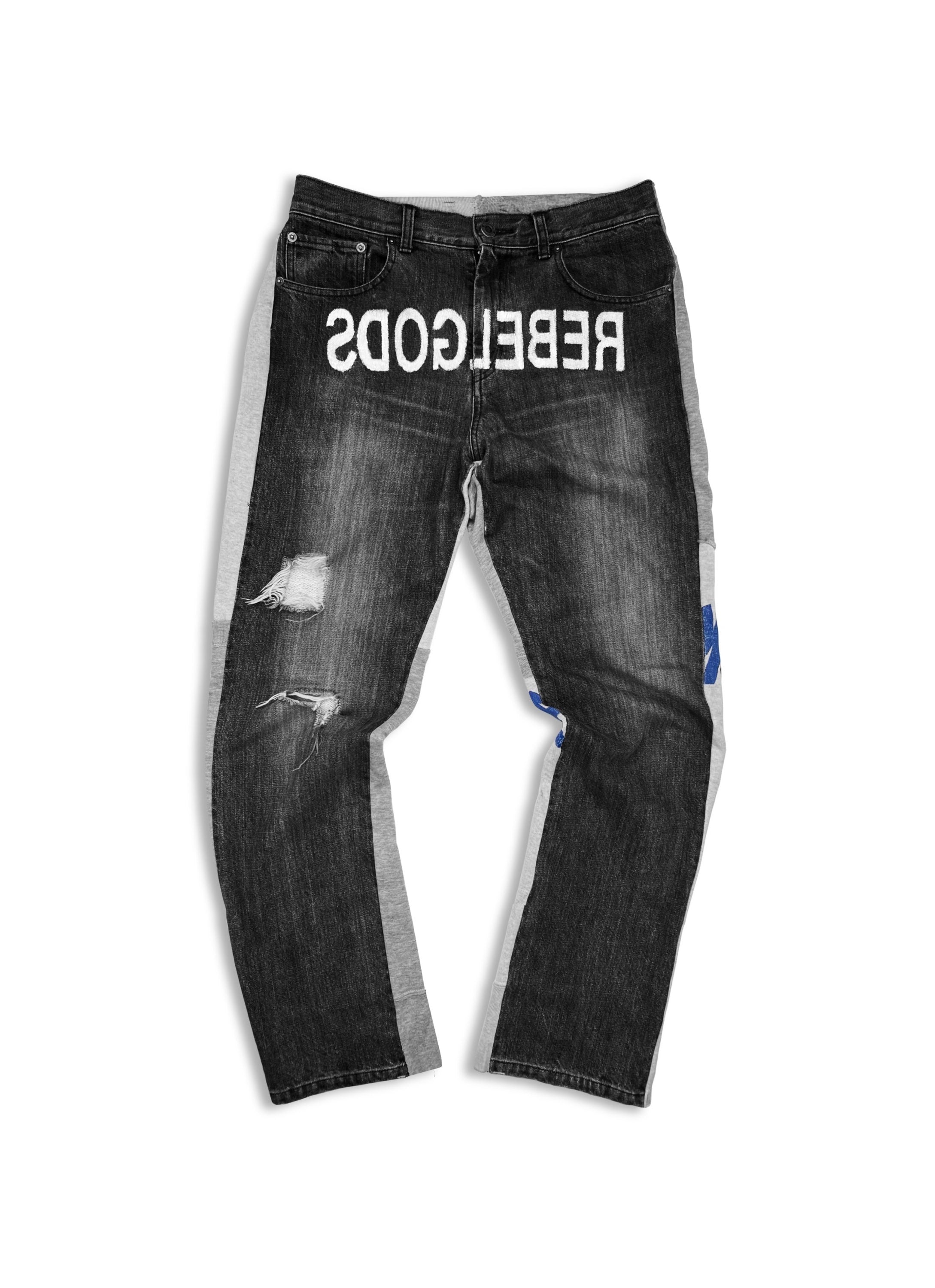 AW02 UNDERCOVER 'REBEL GODS' DISTRESSED HYBRID DARK WASH DENIM