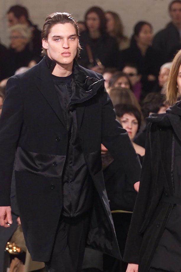 AW02 Helmut Lang ‘Moleskin’ Silk Striped Navy Trench Coat