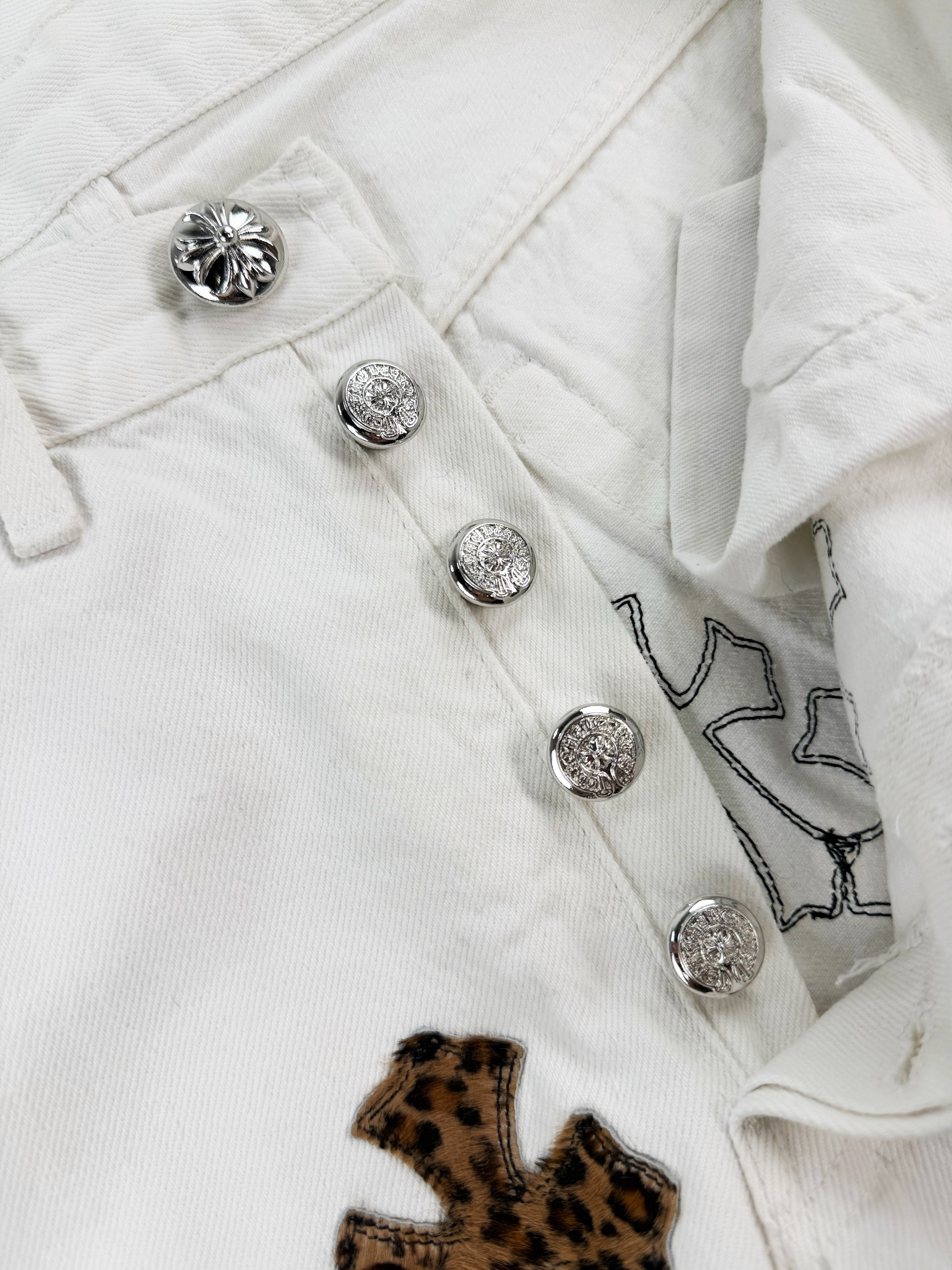 Chrome Hearts Levi’s 501 Cheetah Pony Hair Cross Patch White Denim Jeans