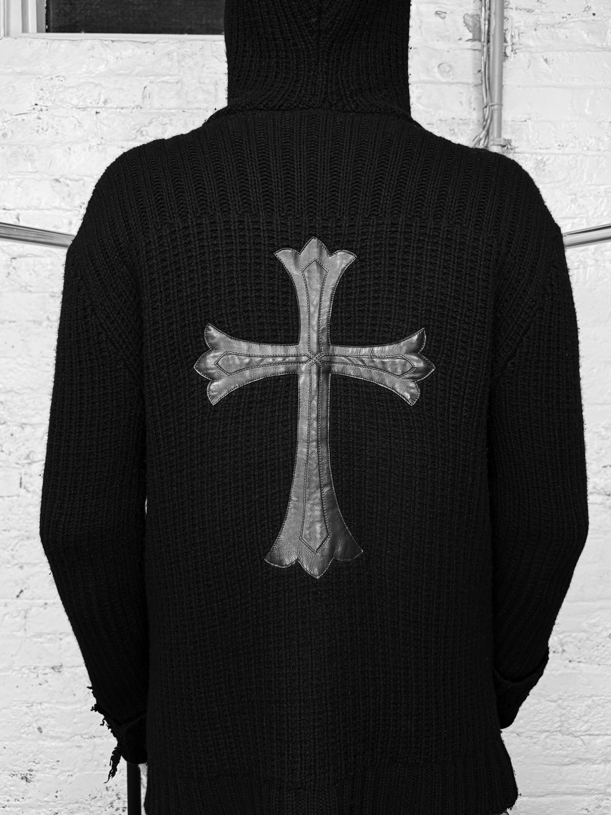 Chrome Hearts XL Leather Cross Patch Cashmere Knit Black Zip Up Hoodie