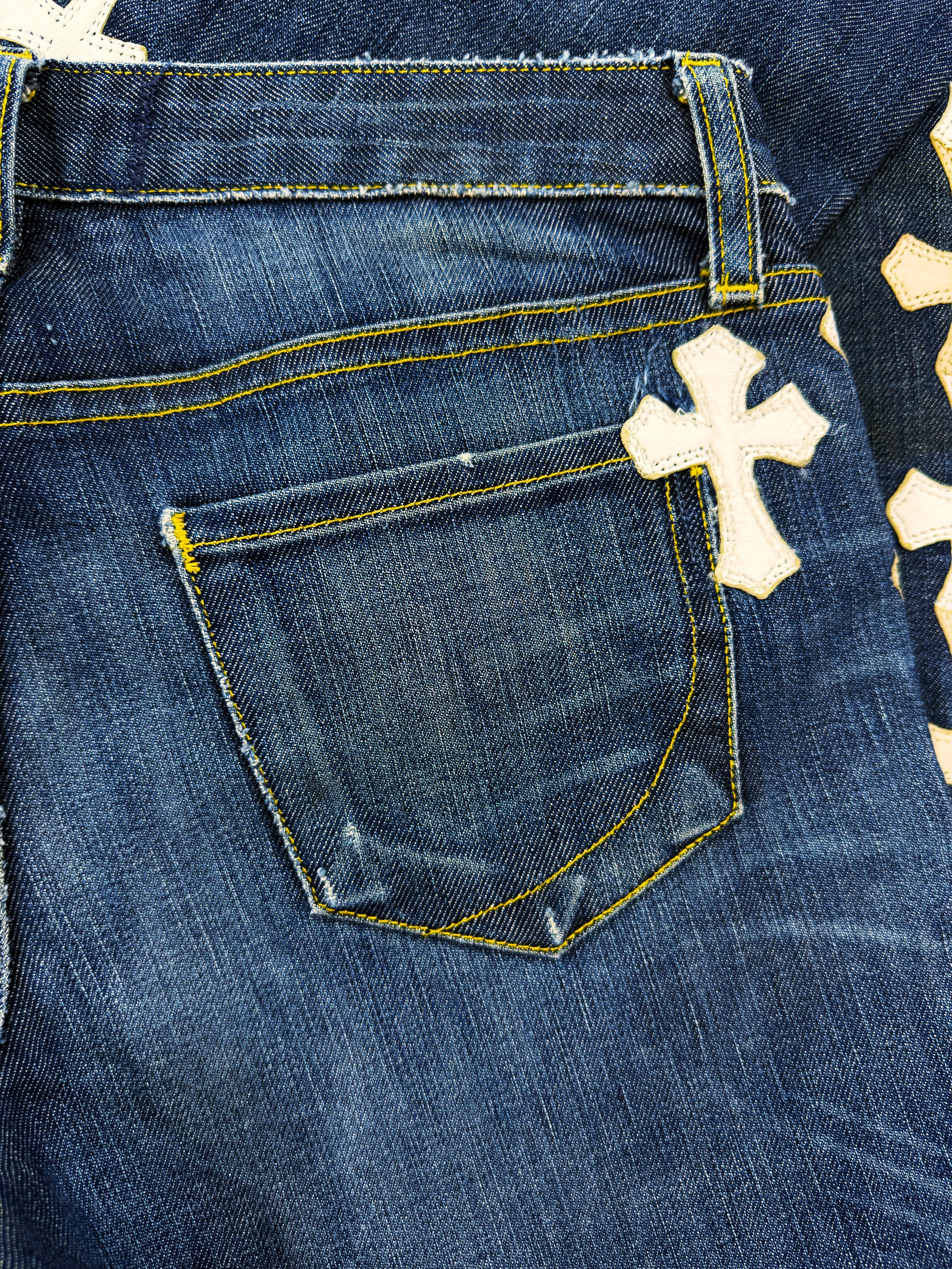 Chrome Hearts 43 Cross Patch Silver Pendant Flooded Blue Denim Jeans