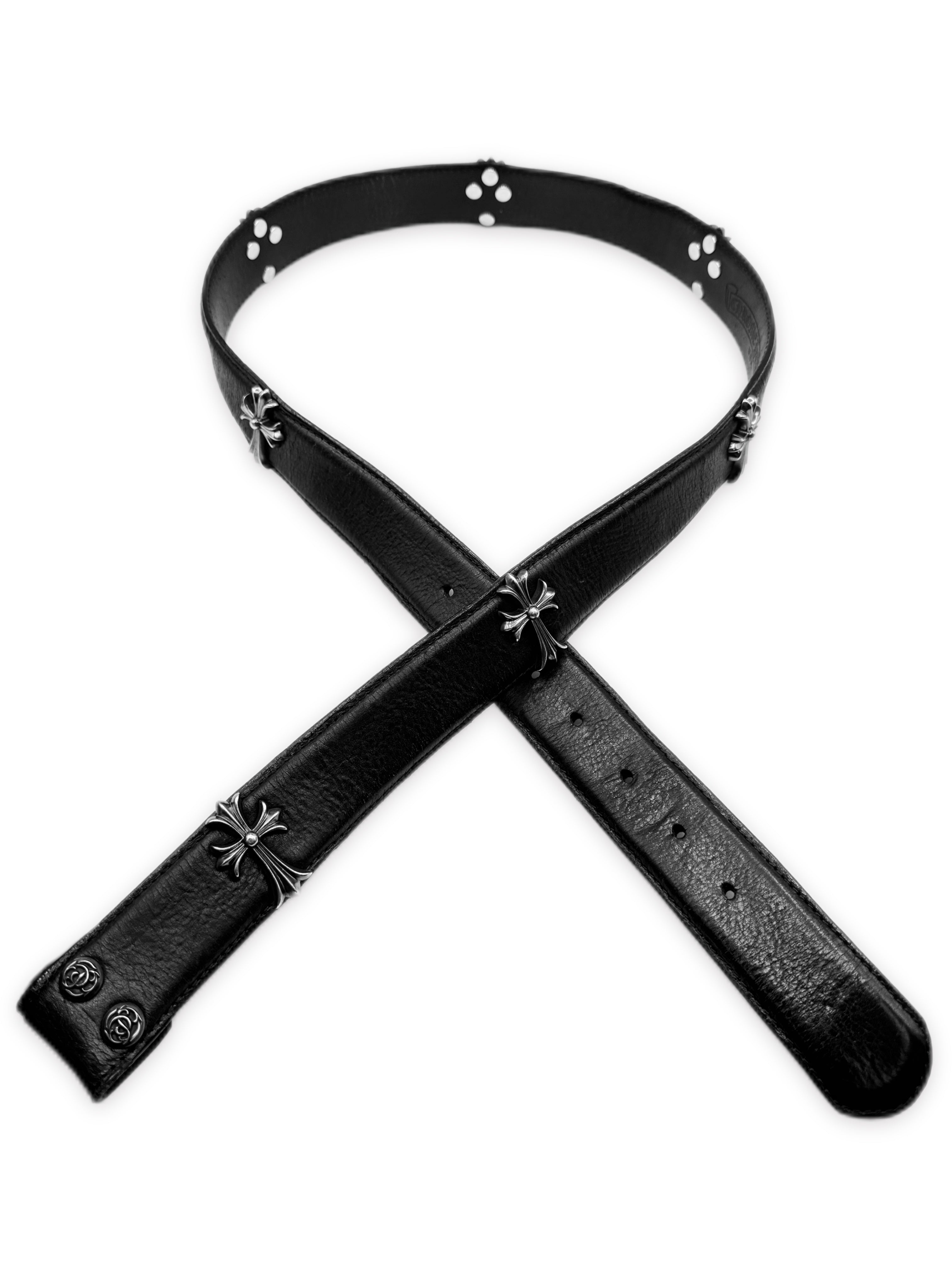 Chrome Hearts Cross Pendant Floral Snap .925 Silver Leather Belt Strap