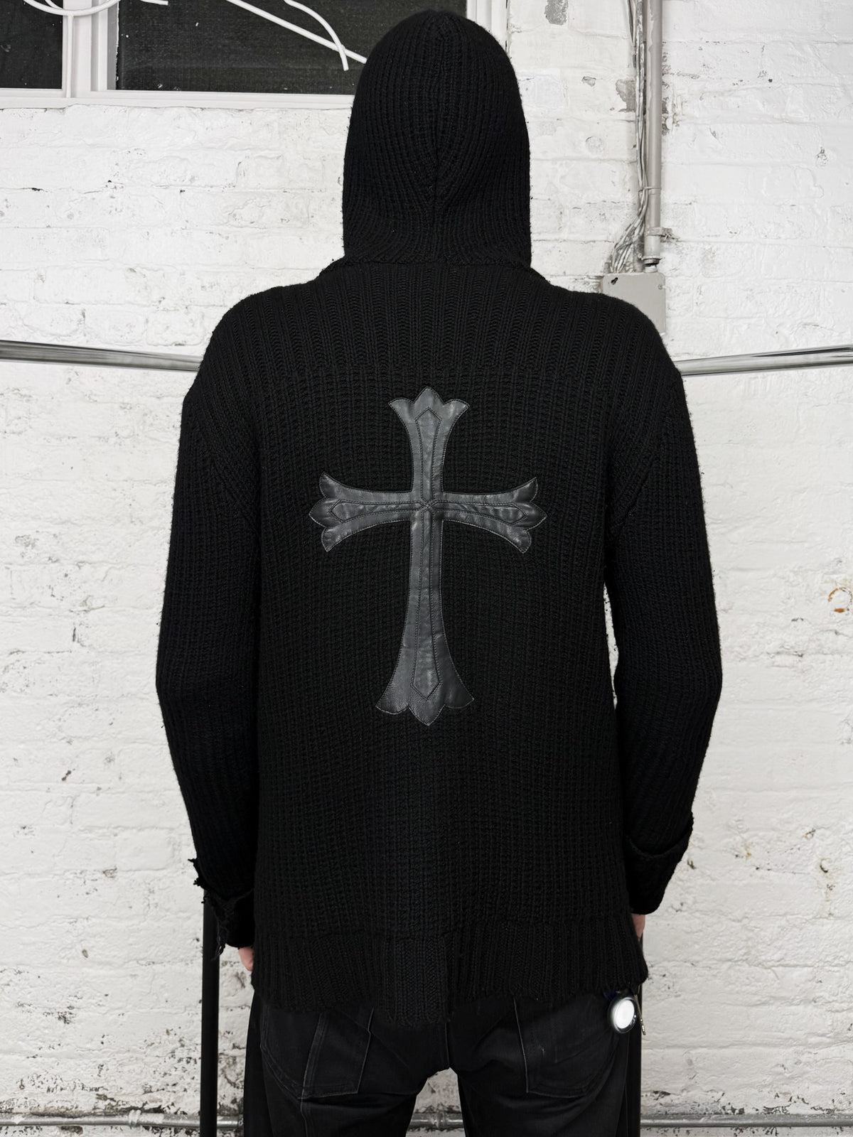 Chrome Hearts XL Leather Cross Patch Cashmere Knit Black Zip Up Hoodie