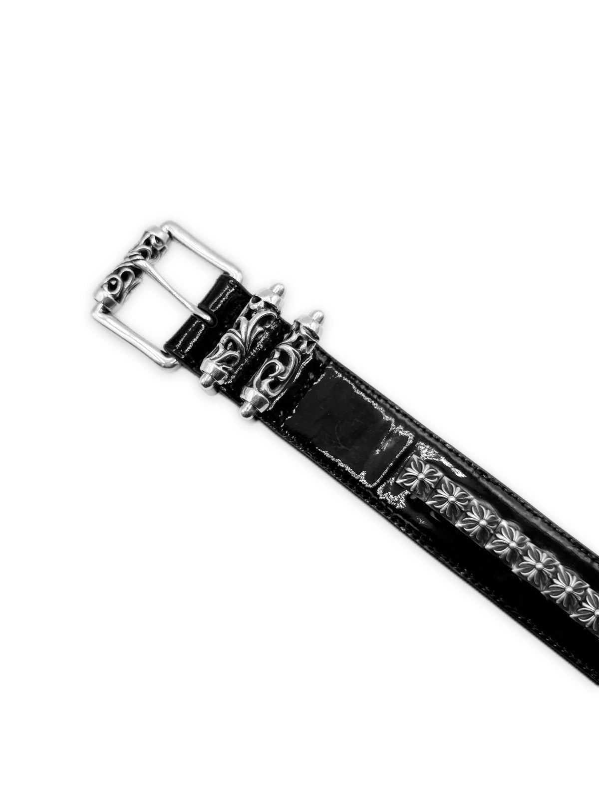 Chrome Hearts Patent Leather Pyramid Studded Black Roller Belt