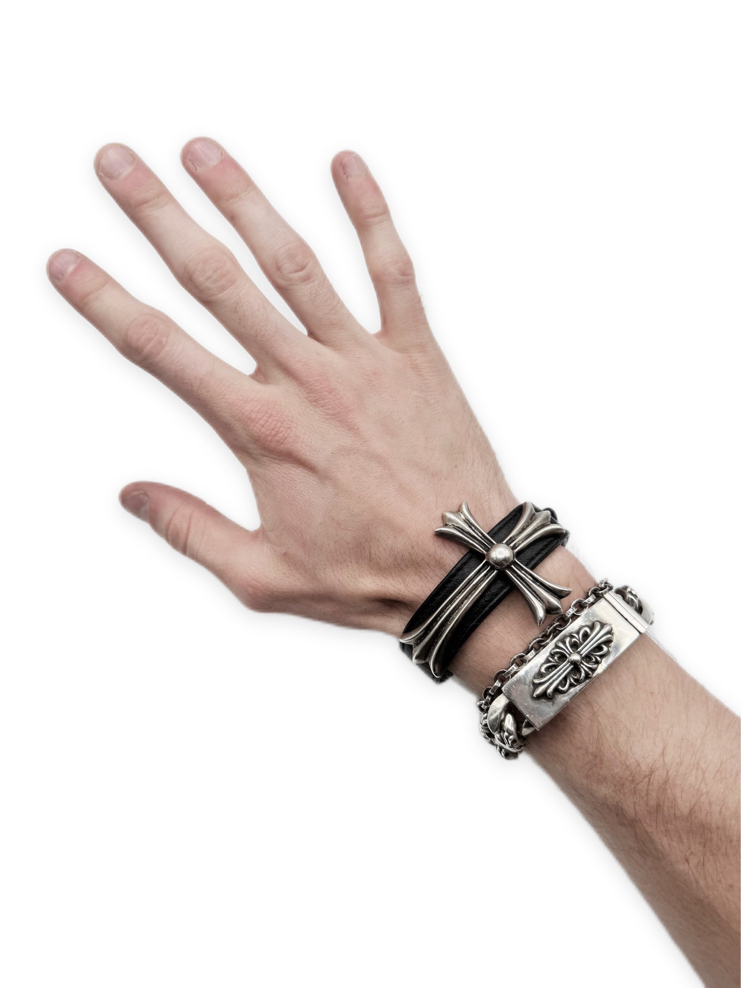 CHROME HEARTS XL CROSS PENDANT BLACK LEATHER GUNSLINGER BRACELET