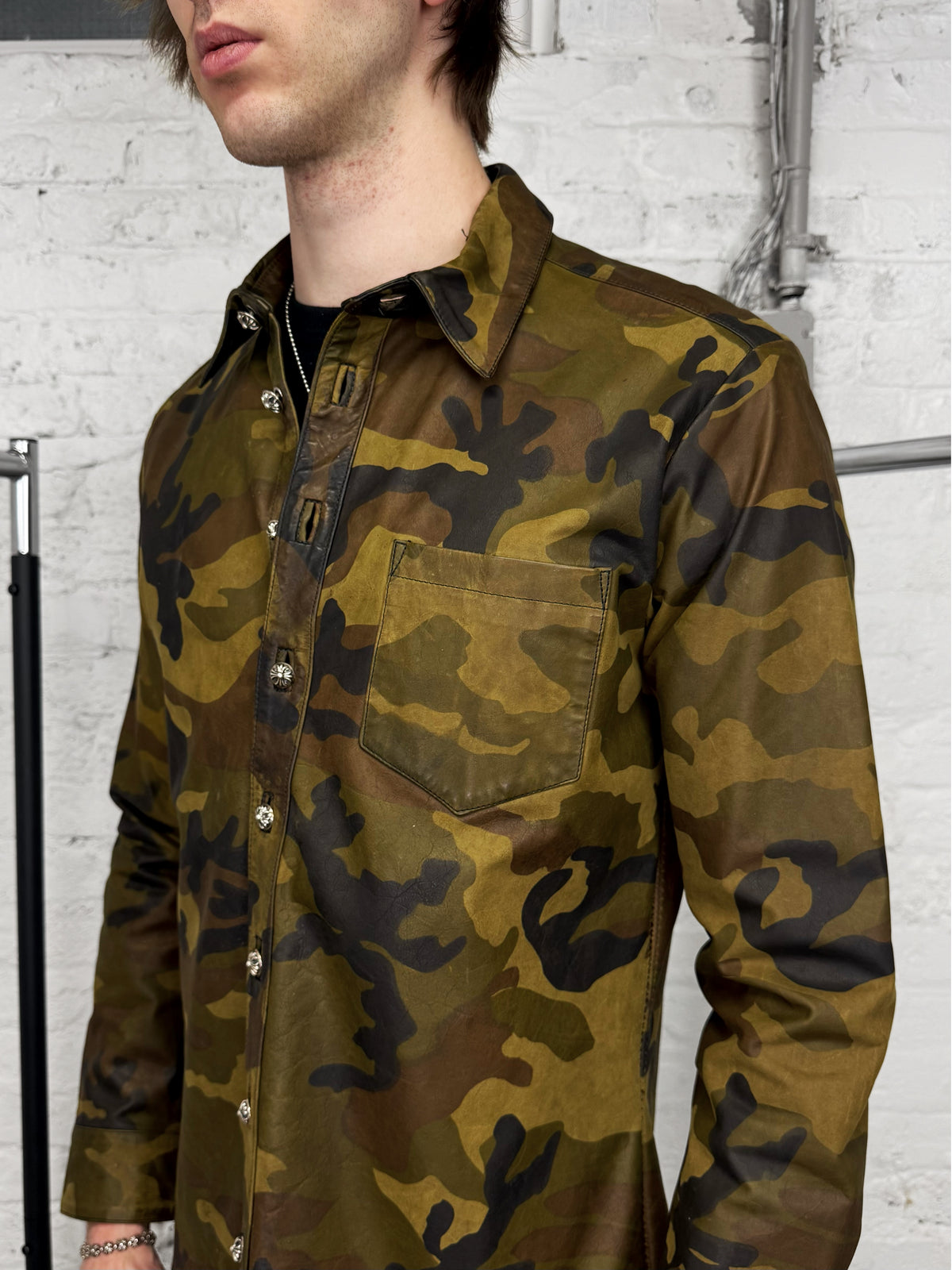 Chrome Hearts Green Camo Button Up Leather Shirt Jacket