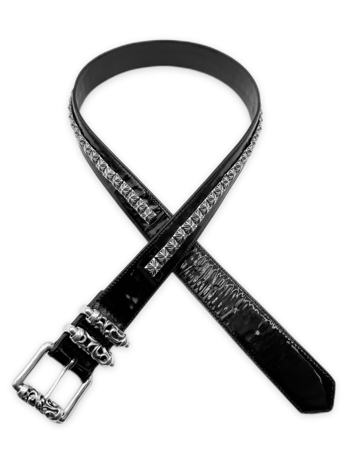Chrome Hearts Patent Leather Pyramid Studded Black Roller Belt