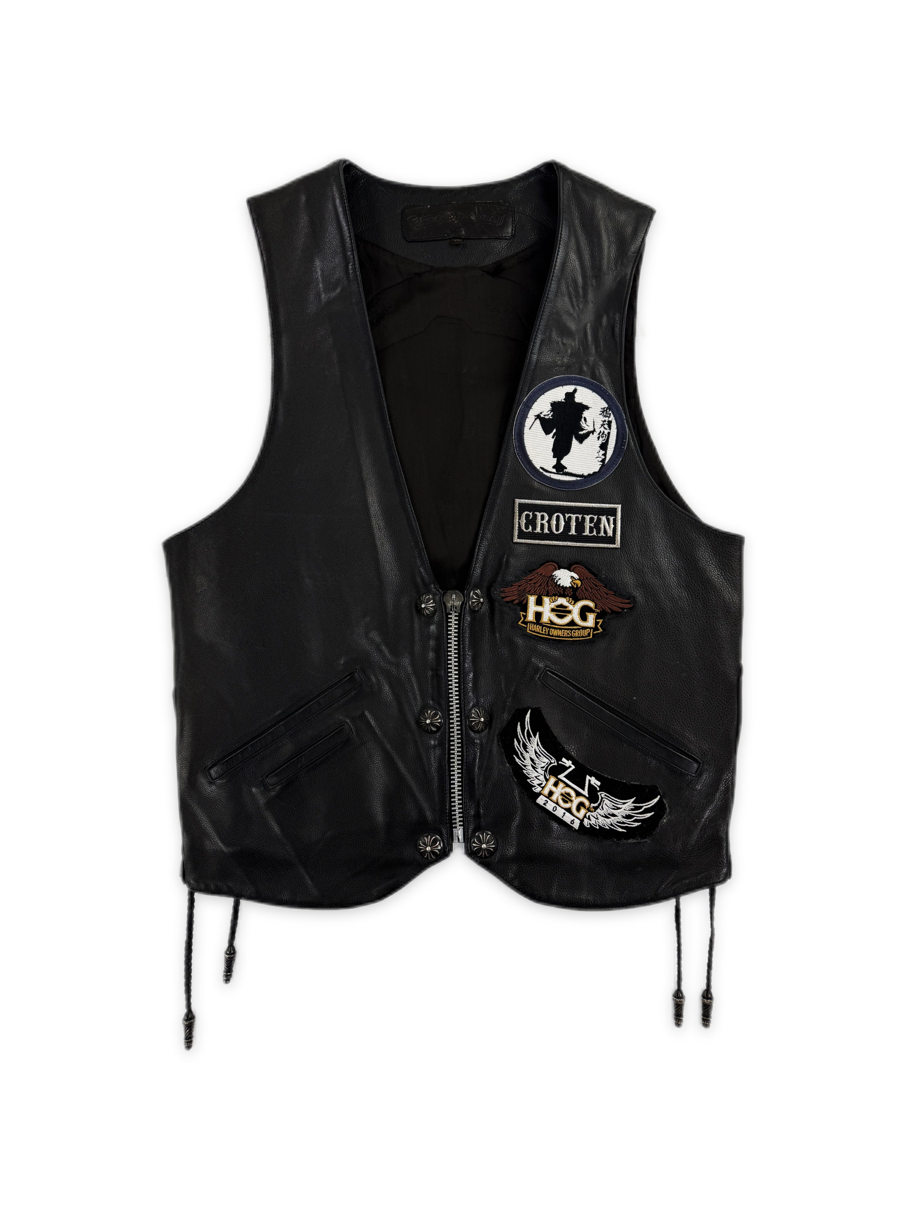 Chrome Hearts Braided Black Leather Patched .925 Silver Biker Vest