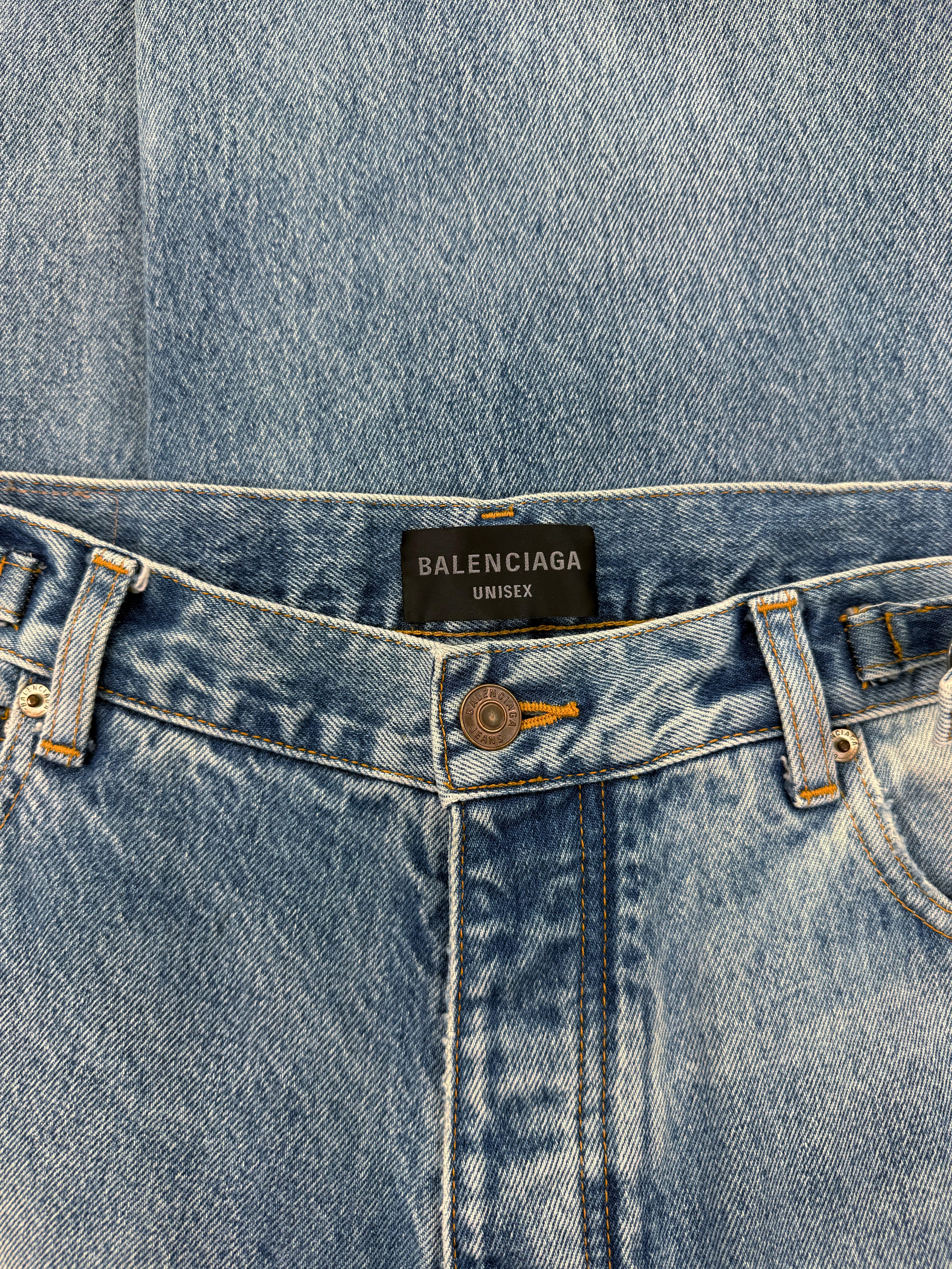 SS22 Balenciaga Skater Light Wash Distressed Wide Cut Denim Jeans
