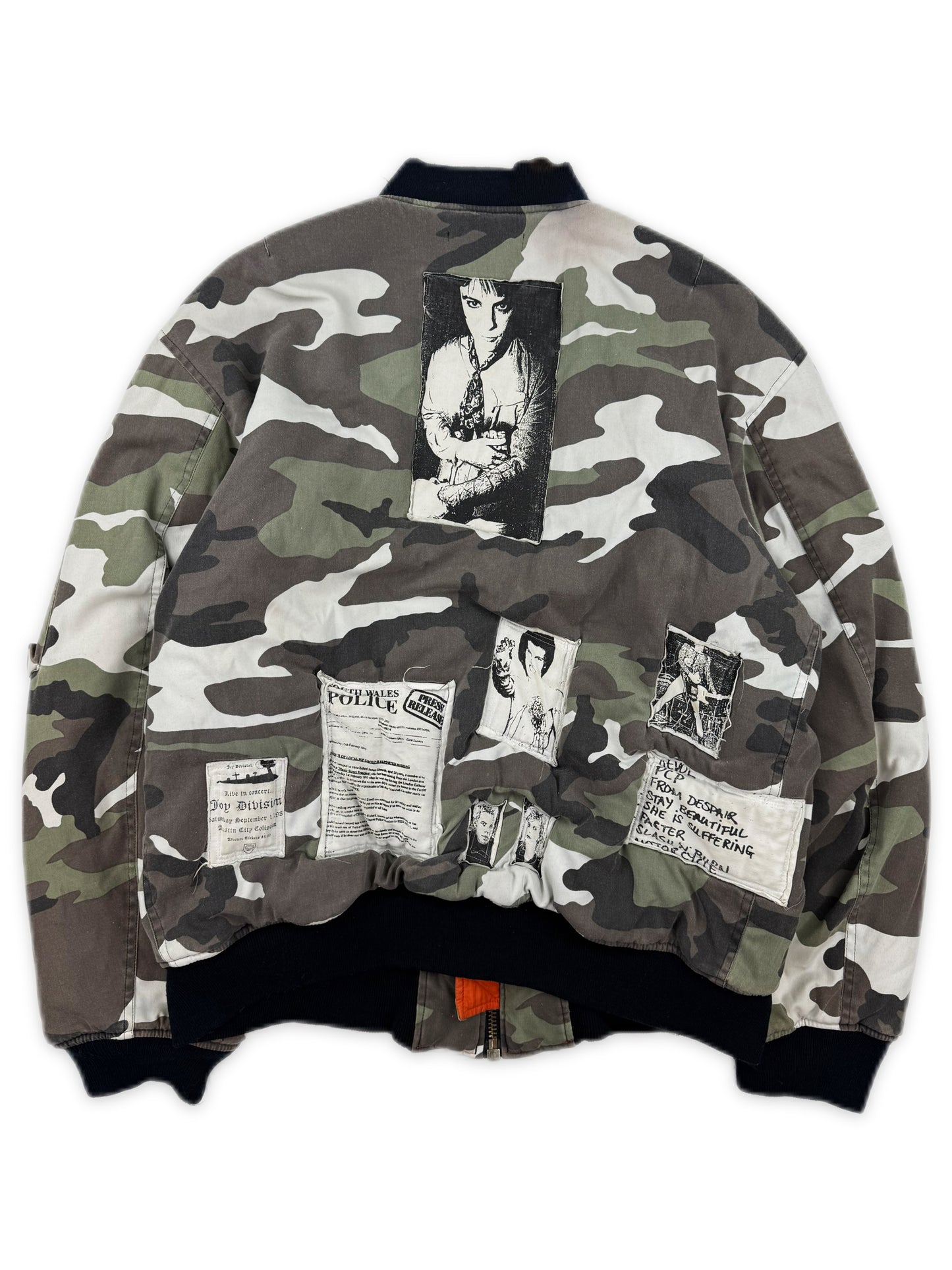 AW01 Raf Simons ‘Riot Riot Riot’ Snow Camouflage Patched Bomber Jacket
