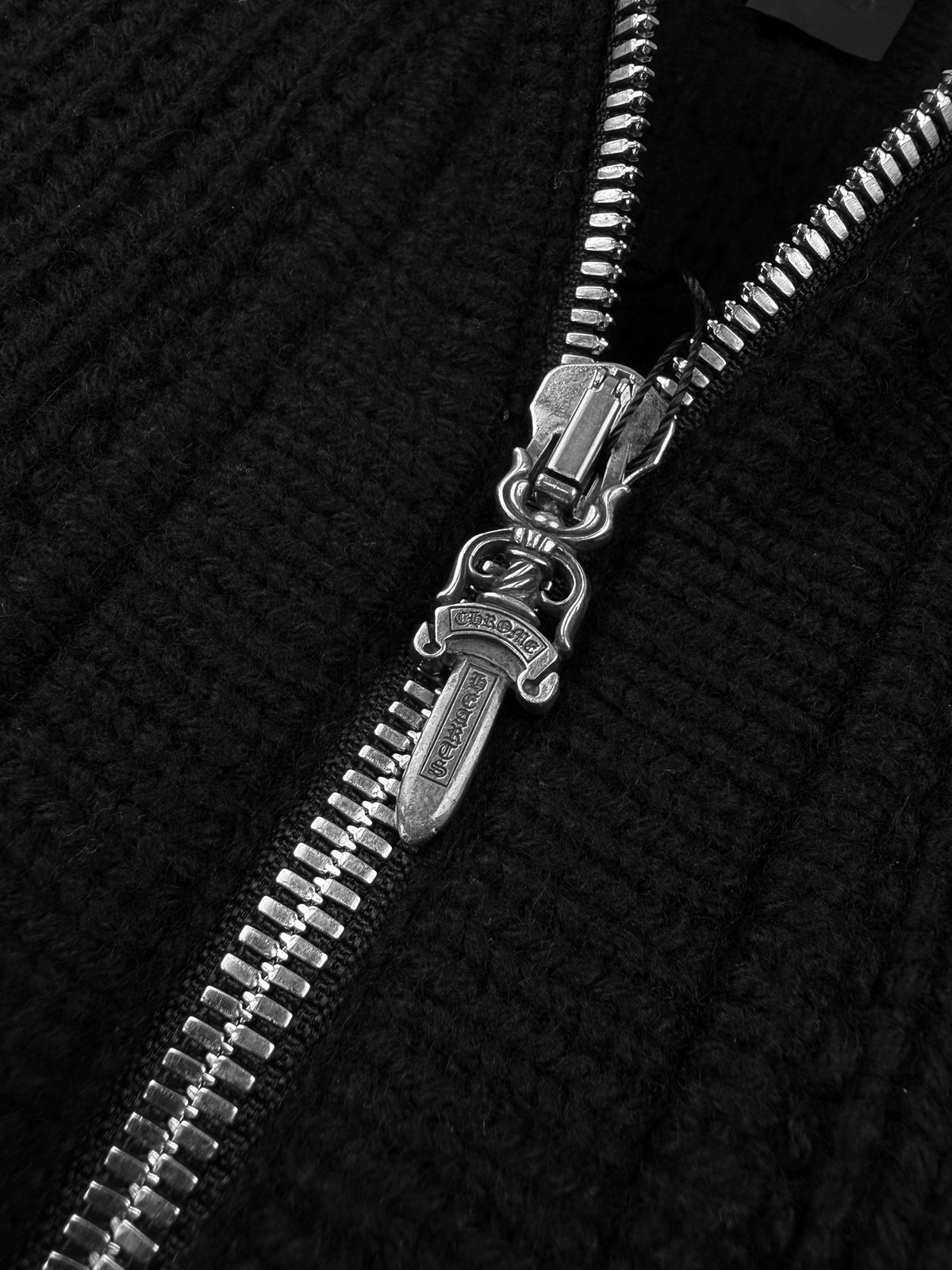 Chrome Hearts XL Leather Cross Patch Cashmere Knit Black Zip Up Hoodie