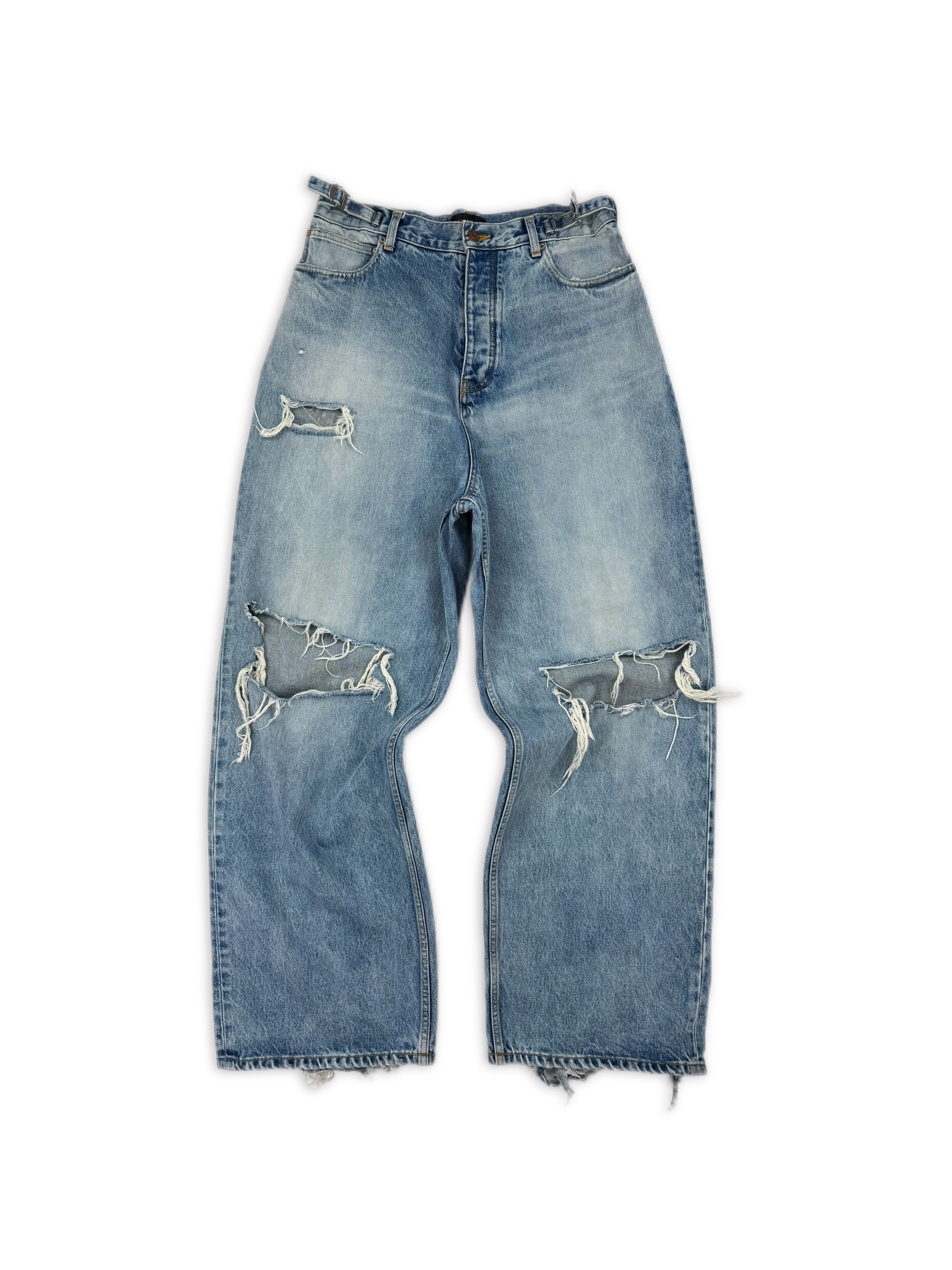 SS22 Balenciaga Skater Light Wash Distressed Wide Cut Denim Jeans