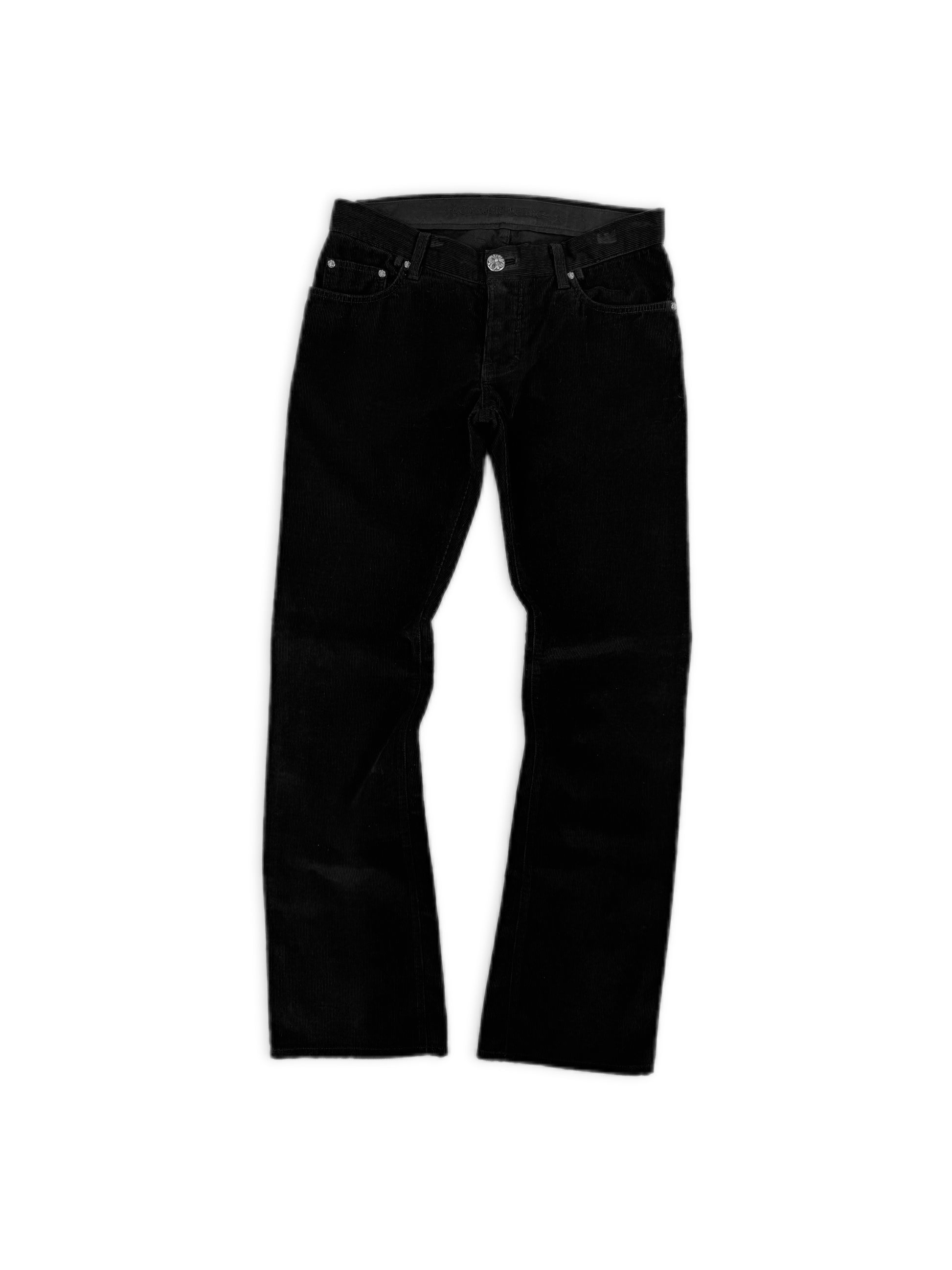 Chrome Hearts Flared Leather Pocket Corduroy Fleur Rivet Black Pants
