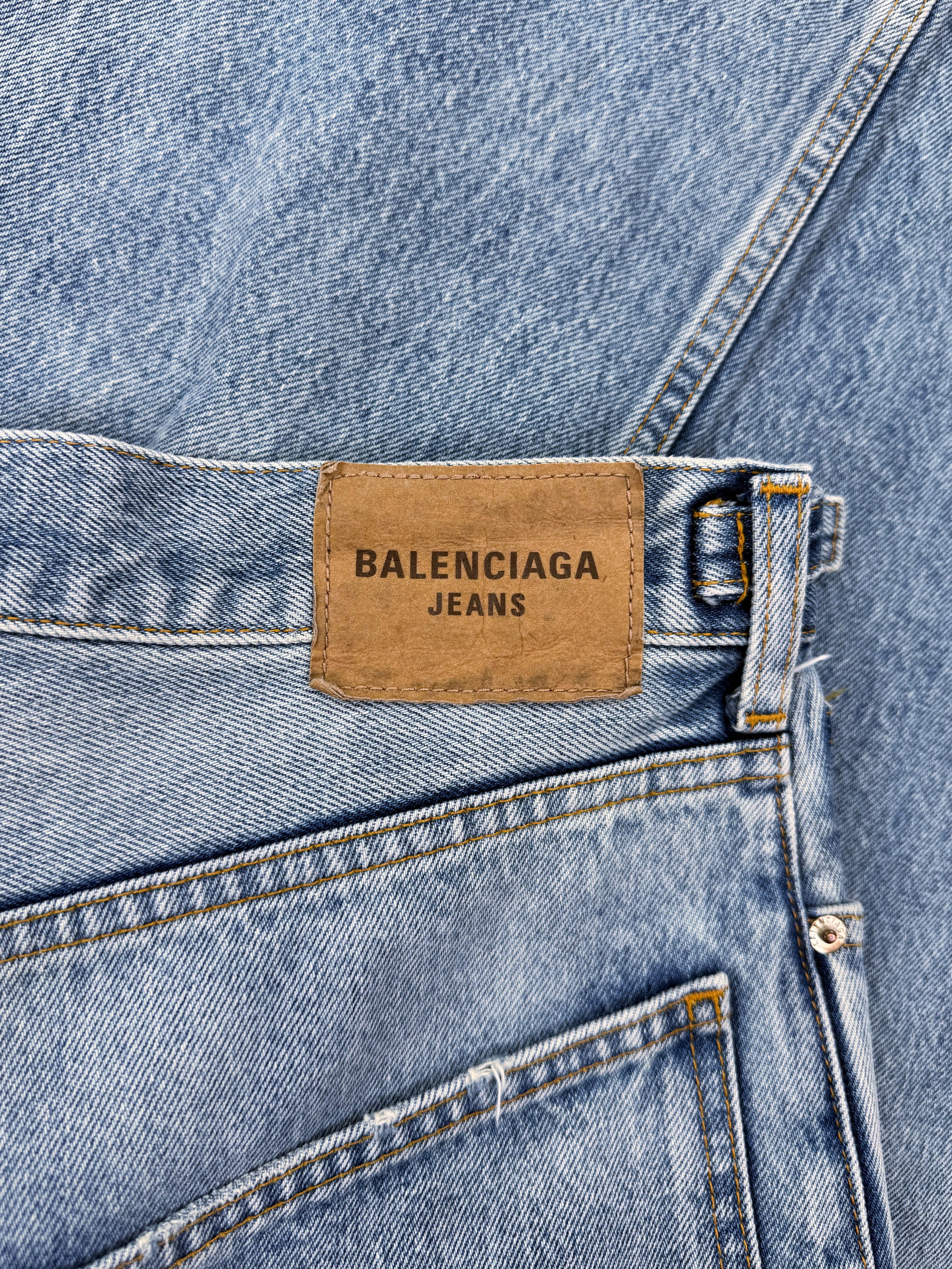 SS22 Balenciaga Skater Light Wash Distressed Wide Cut Denim Jeans