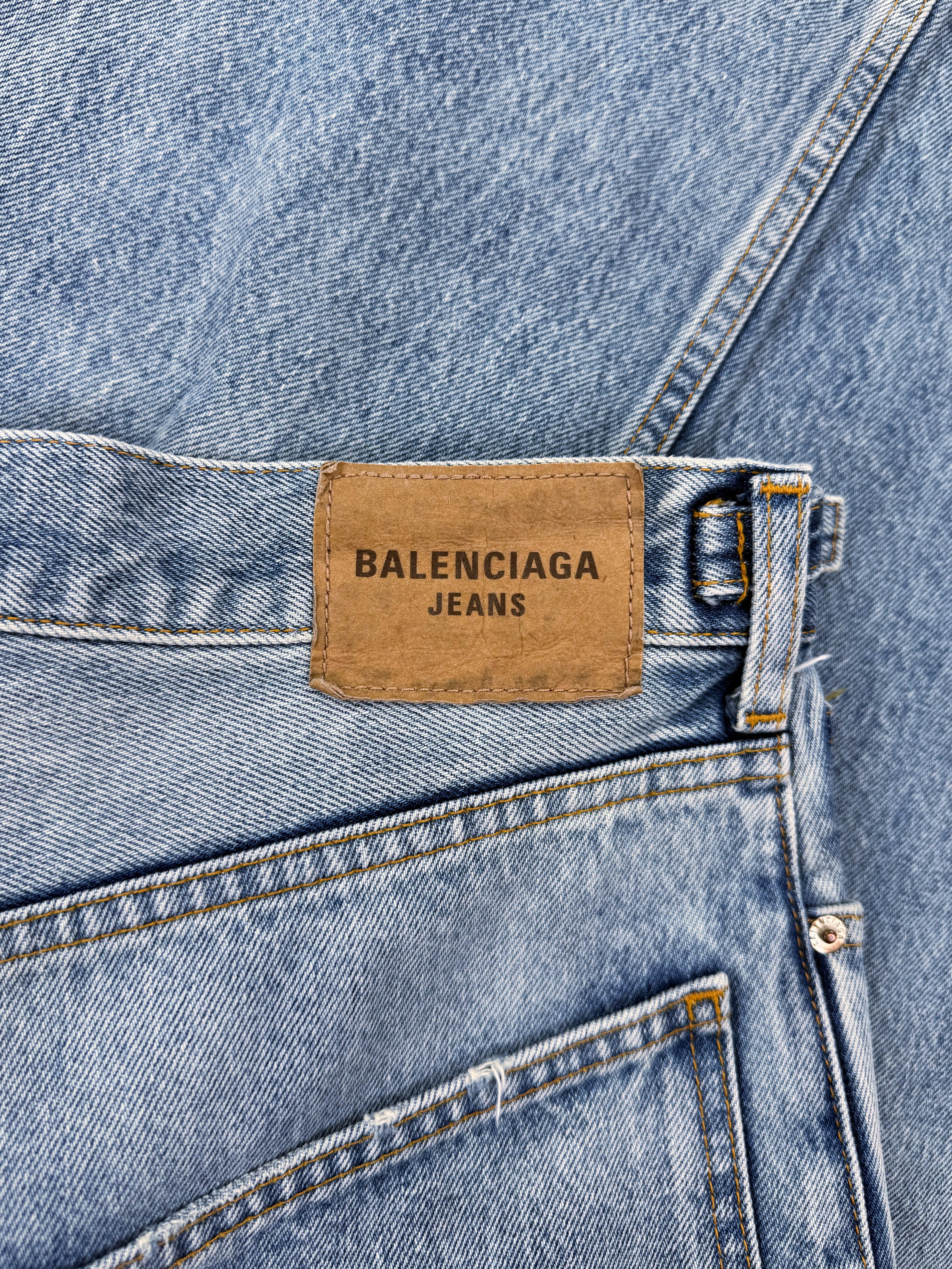 SS22 Balenciaga Skater Light Wash Distressed Wide Cut Denim Jeans