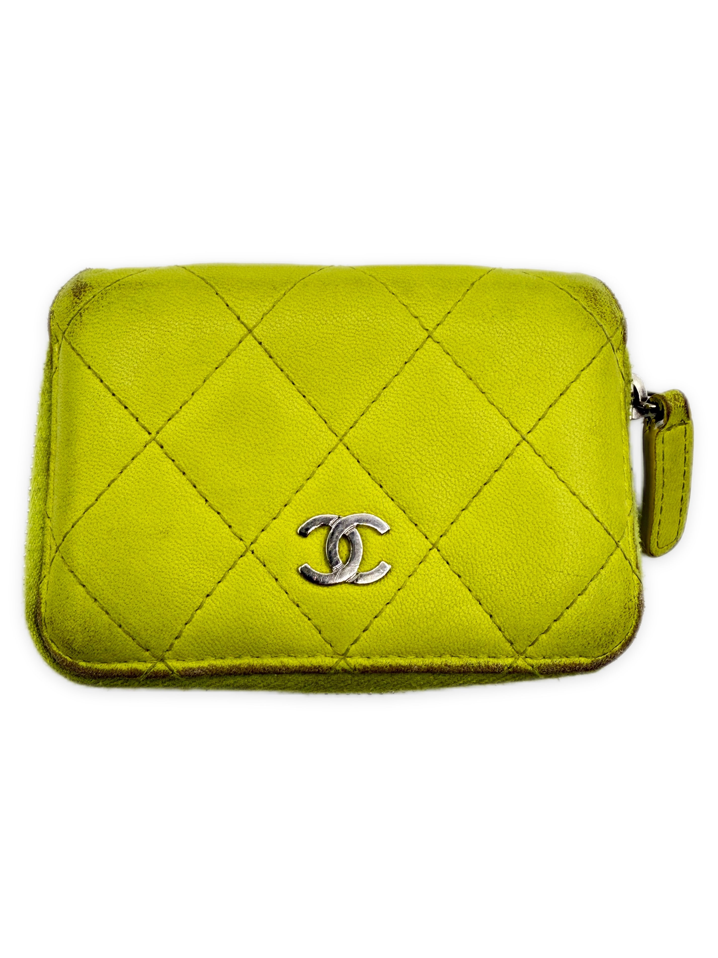Chanel CC Logo Lime Green Leather Quilted Wallet