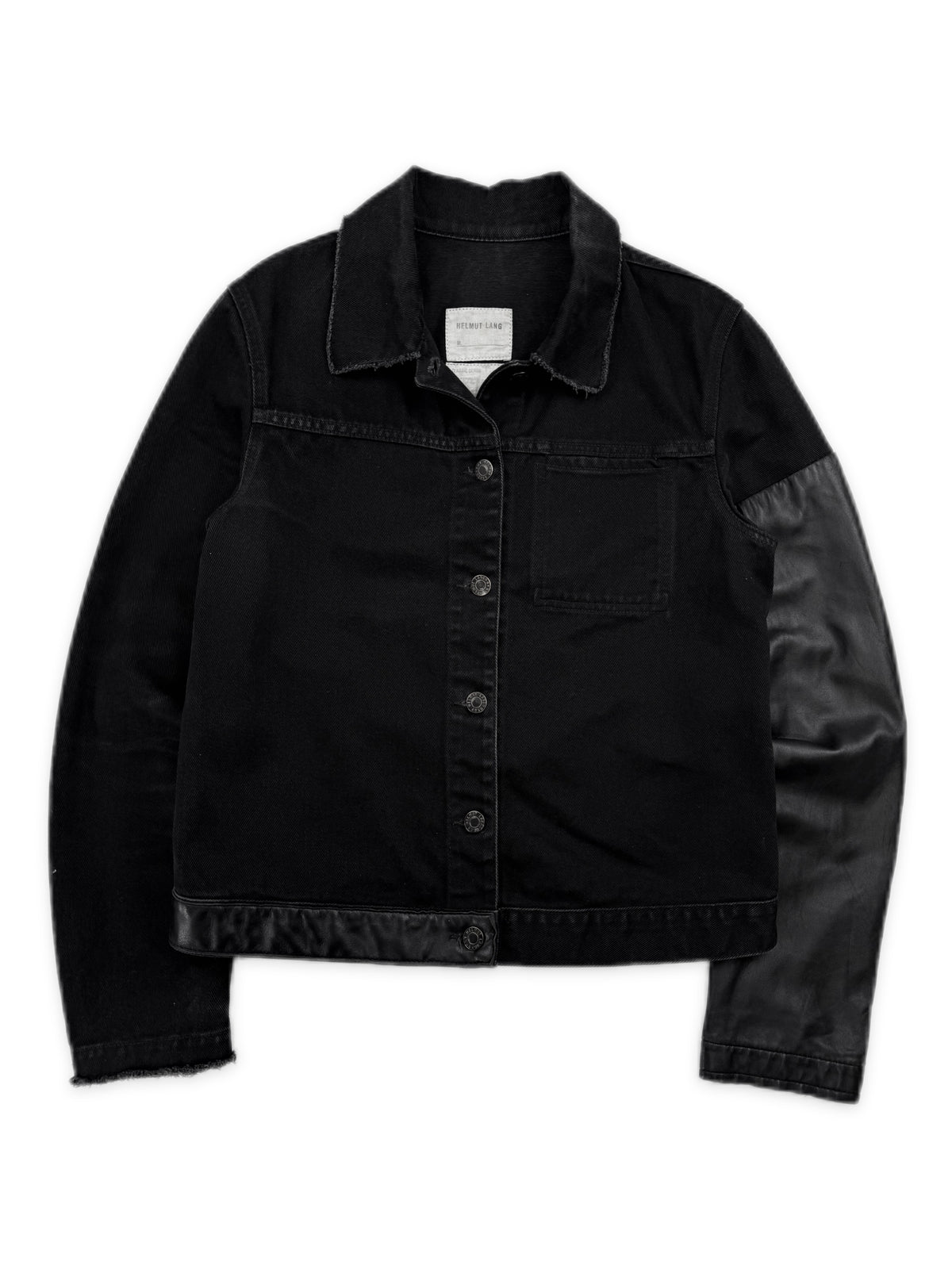 SS03 Helmut Lang Leather Sleeve Black Denim Trucker Jacket