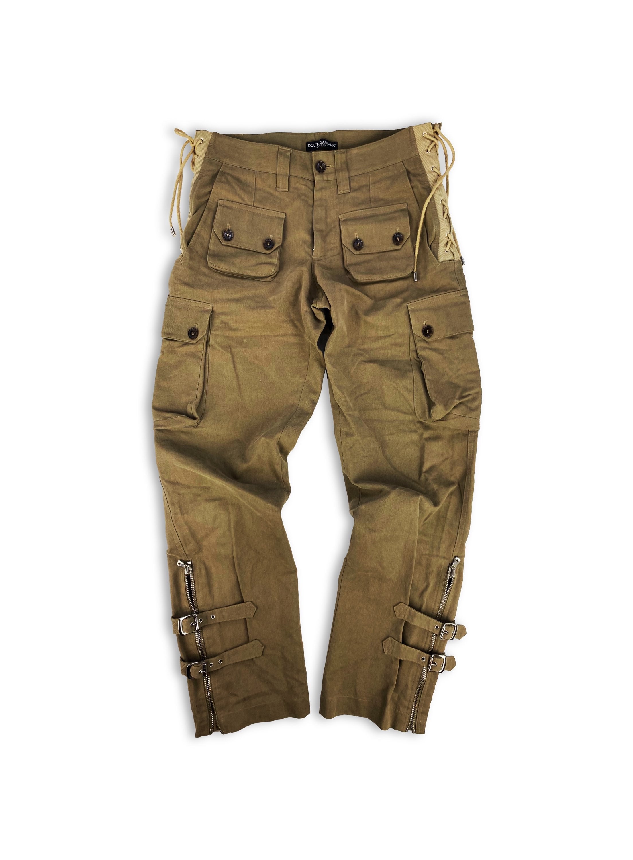 00s Dolce &amp; Gabbana Belted Tan Multi Pocket Cargo Pants